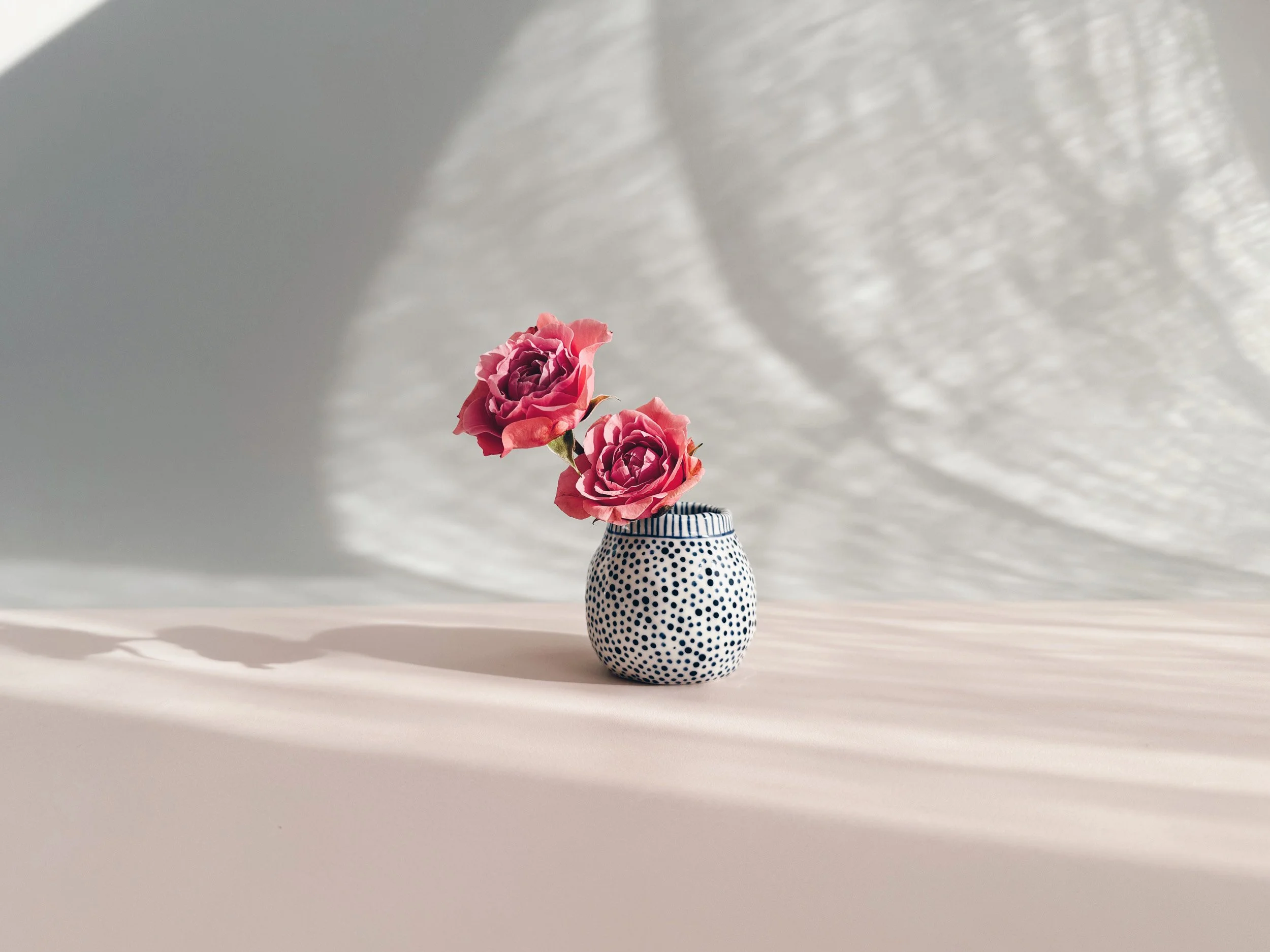 Blue and white, handmade ceramic vase.