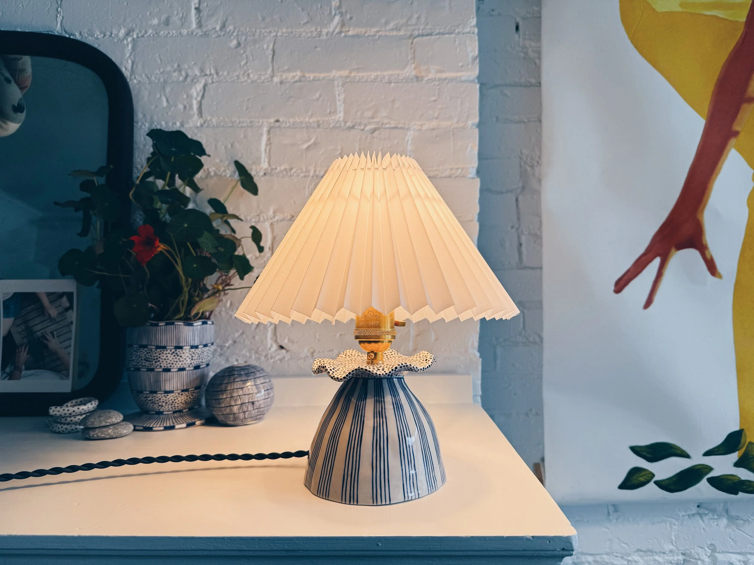 Blue and white, handmade ceramic lamp.