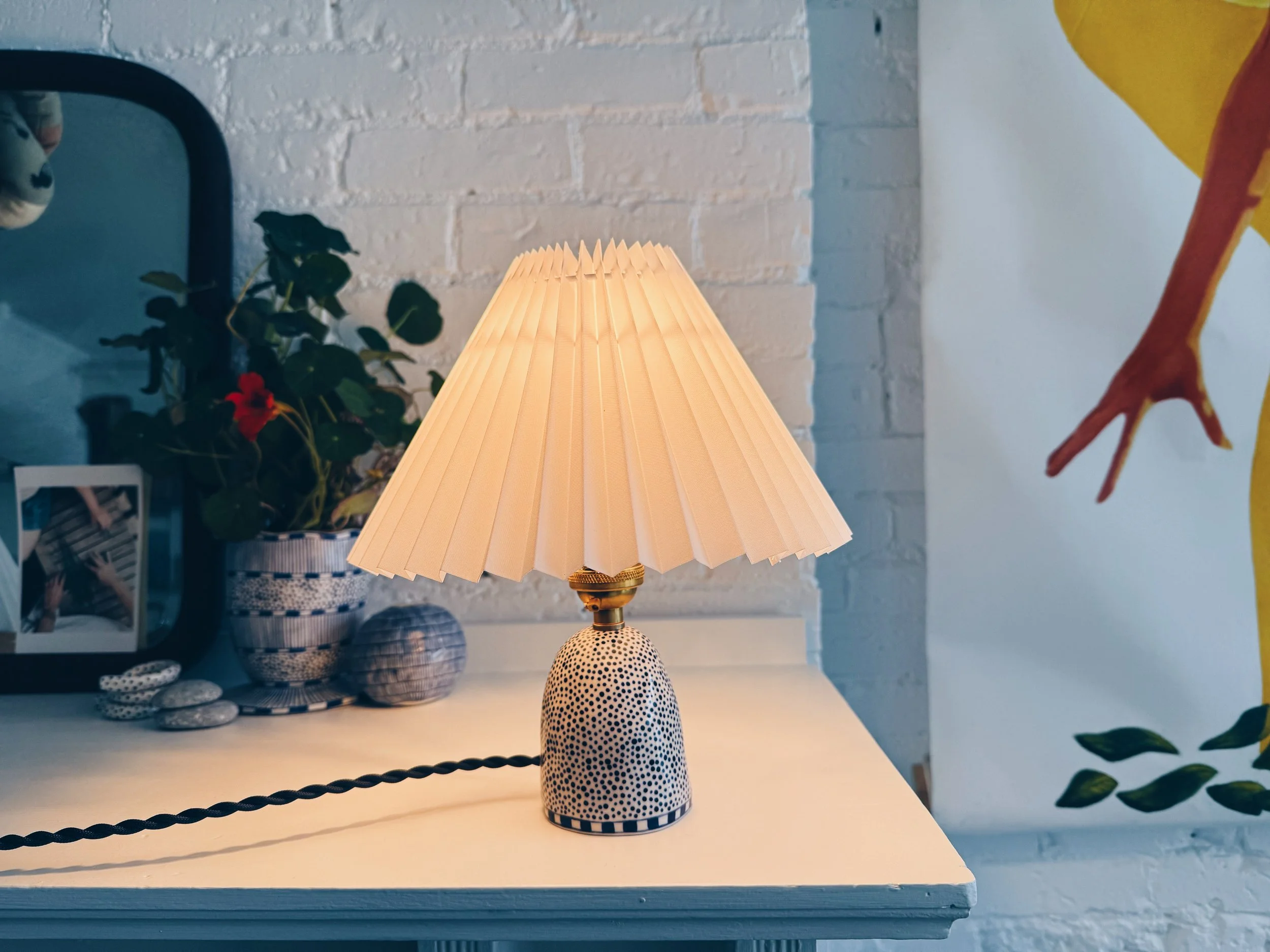 Blue and white, handmade ceramic lamp.
