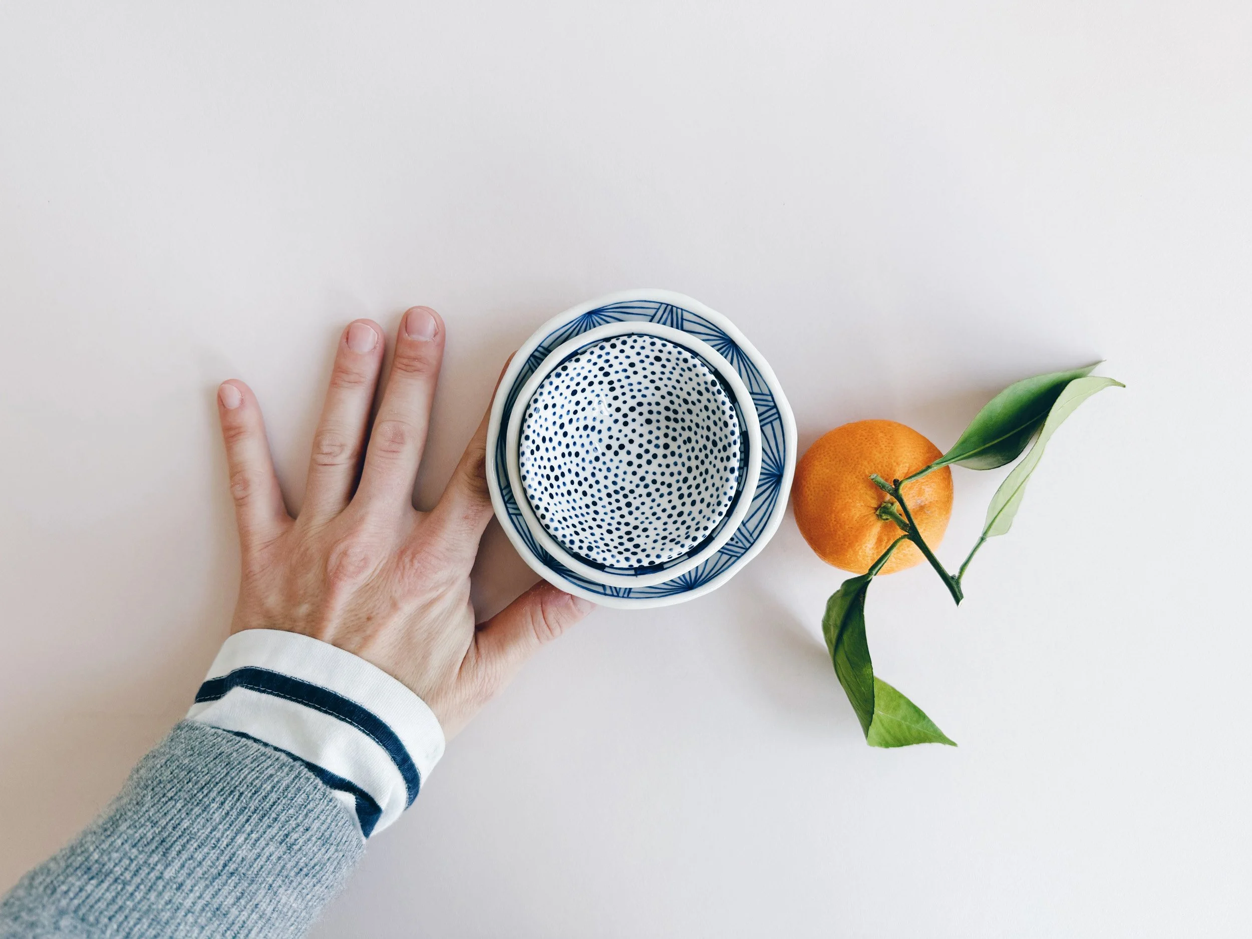 Blue and white, handmade ceramic bowl.