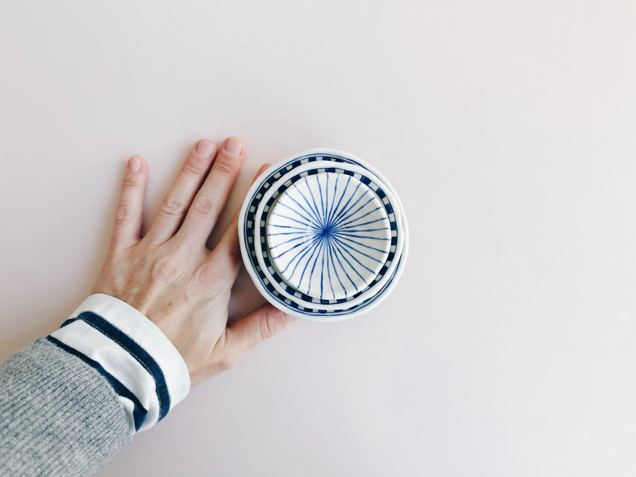 Blue and white, handmade ceramic bowl.