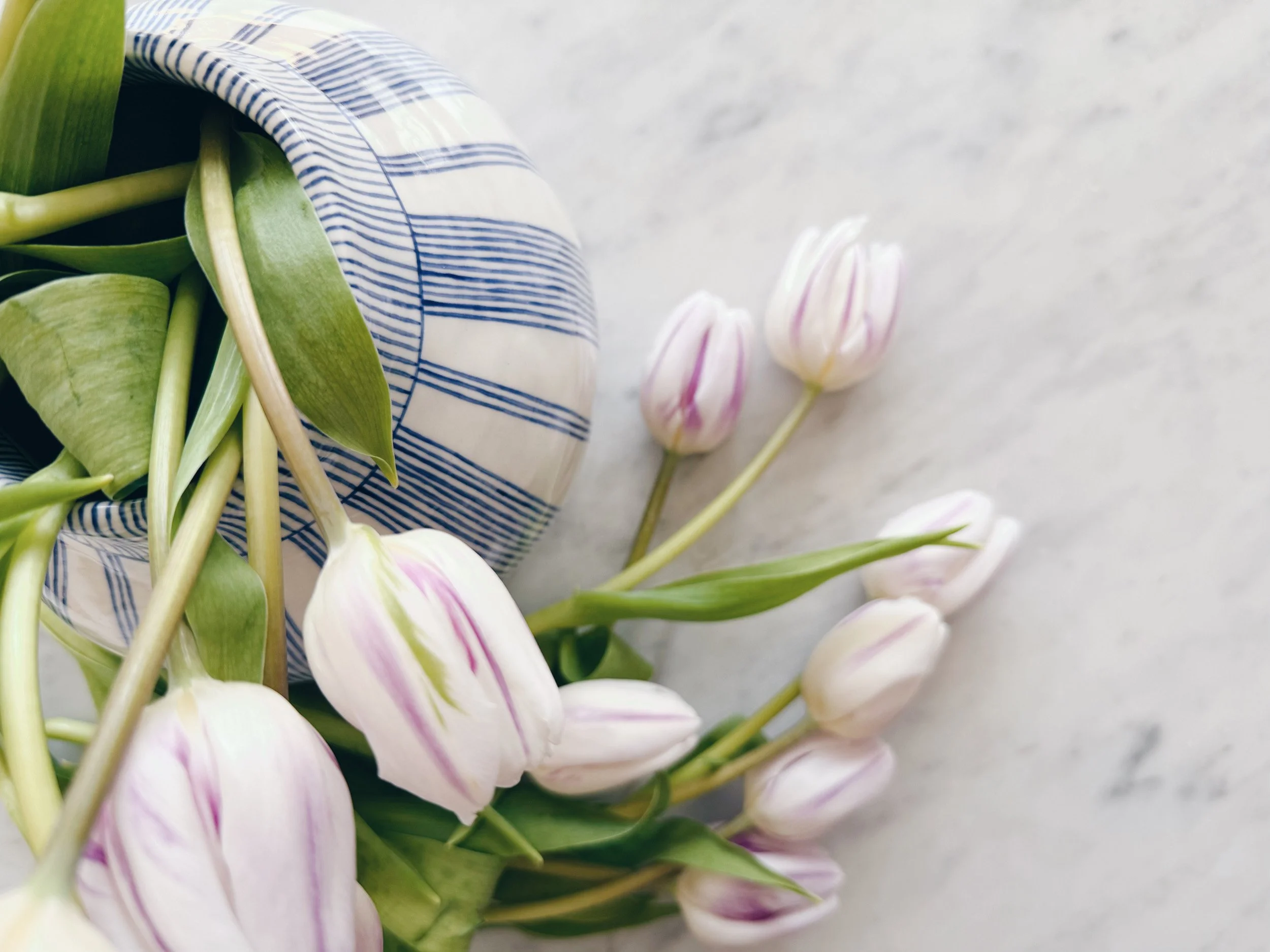 Blue and white, handmade ceramic vase.