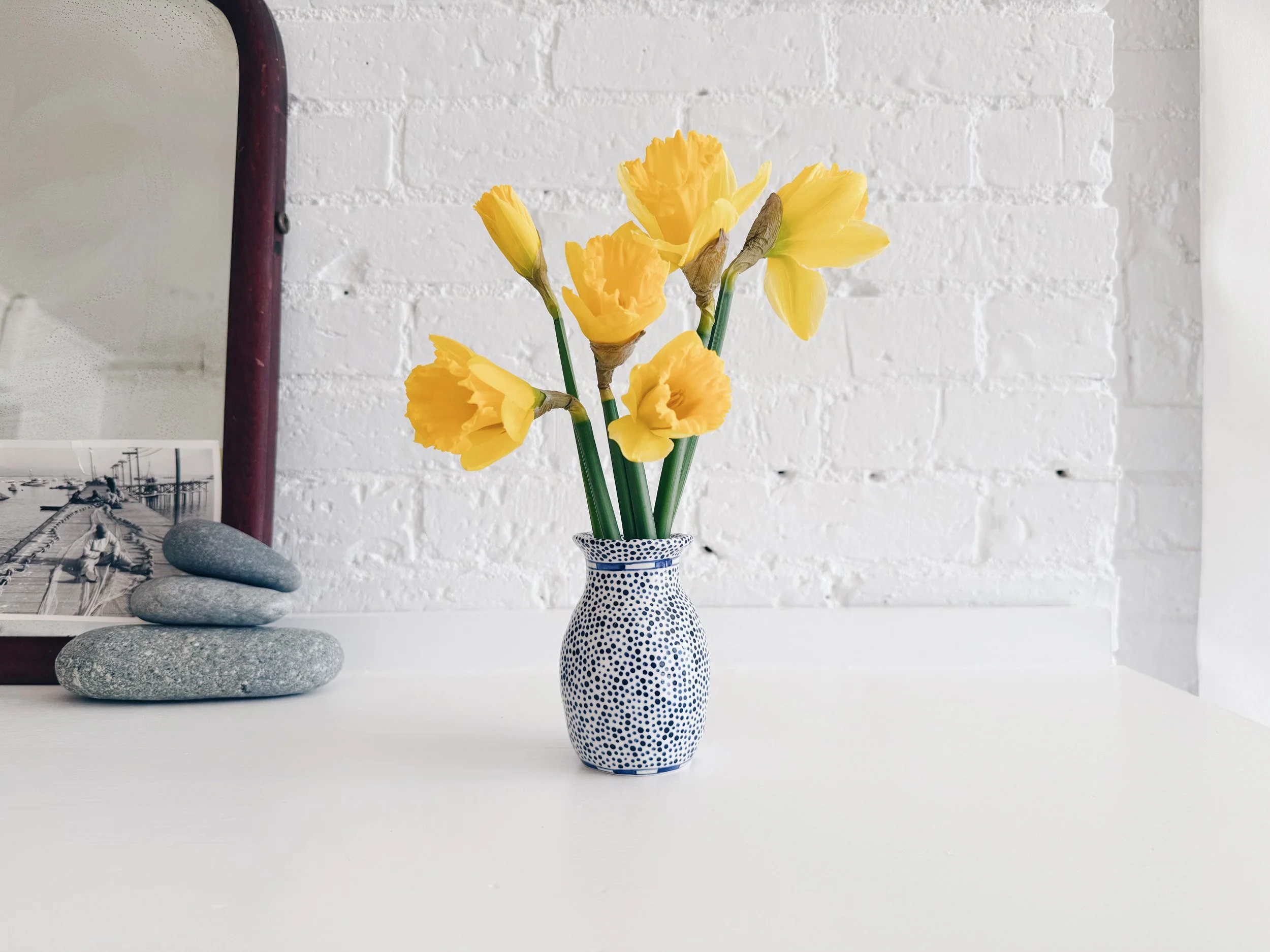 Blue and white, handmade ceramic vase.