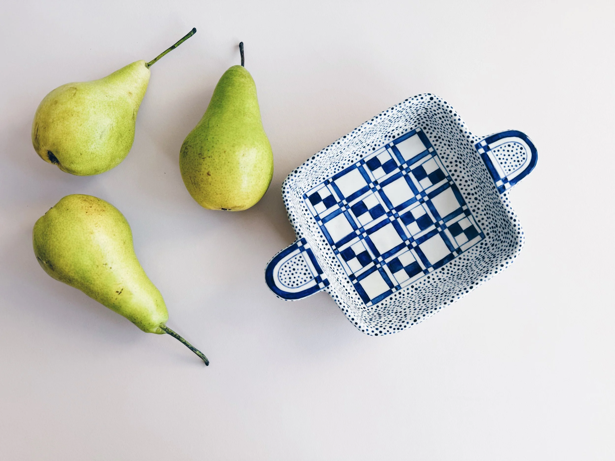Blue and white, handmade ceramic dish.