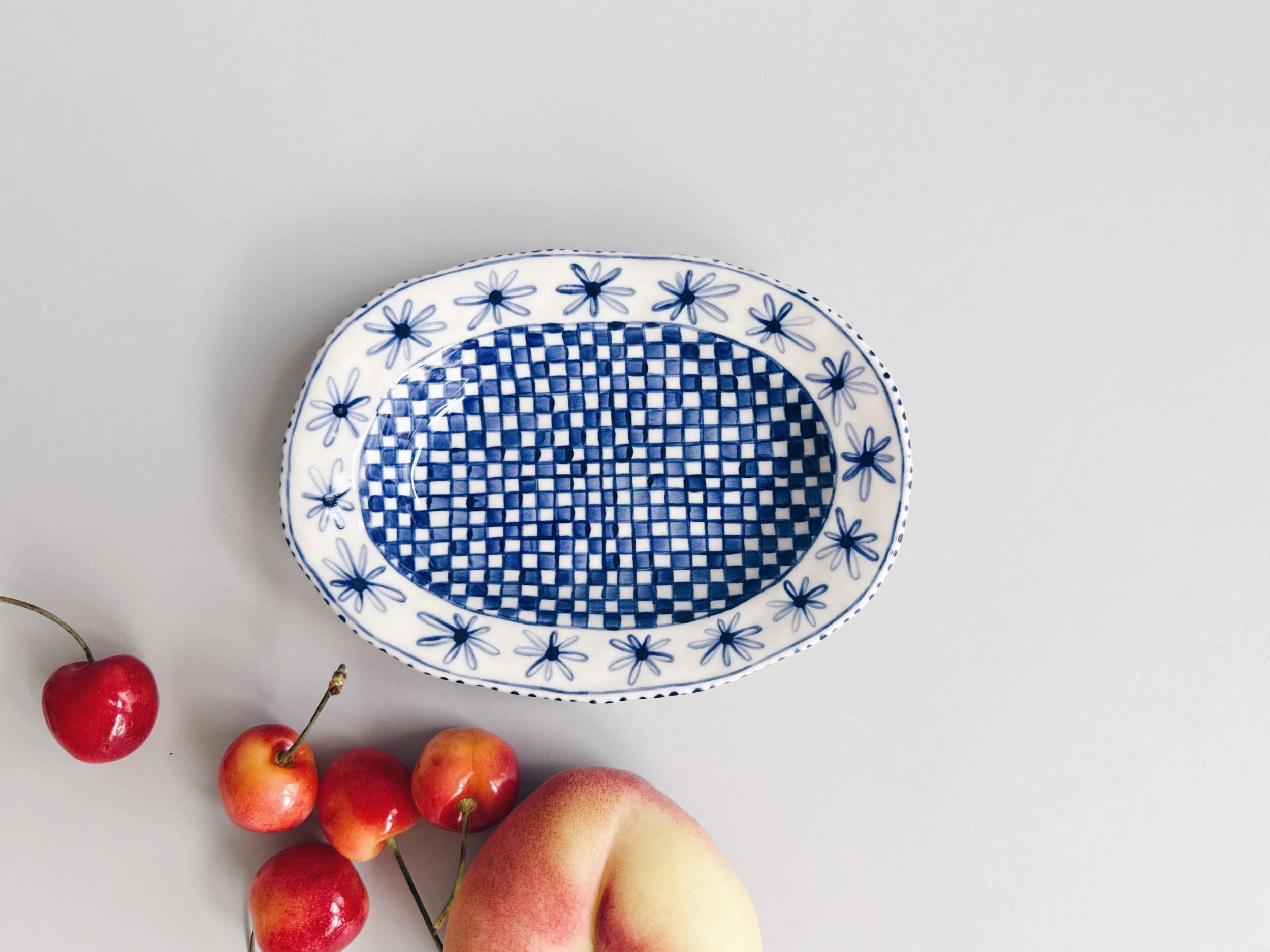Blue and white, handmade ceramic dish.