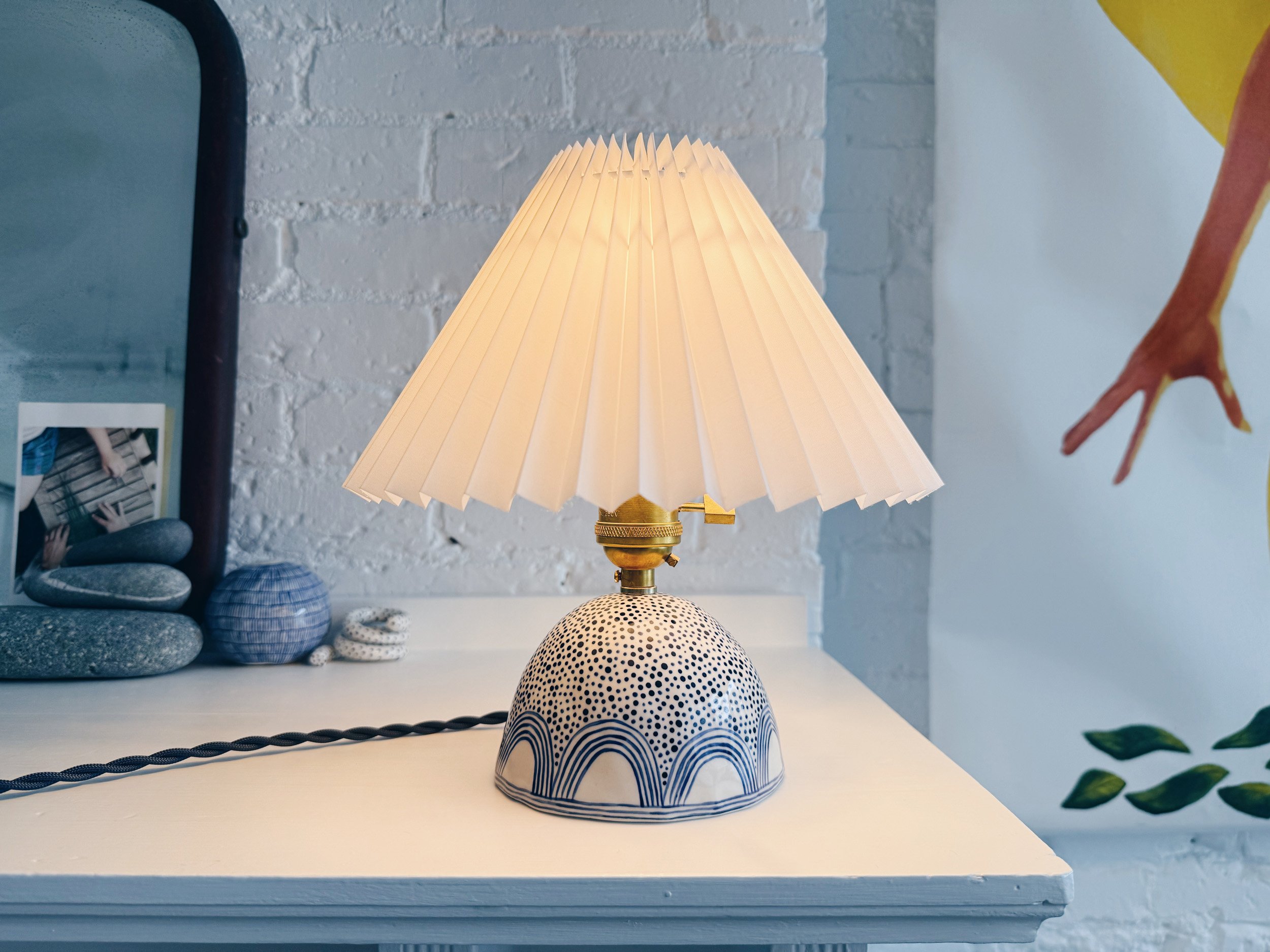 Blue and white, handmade ceramic lamp.