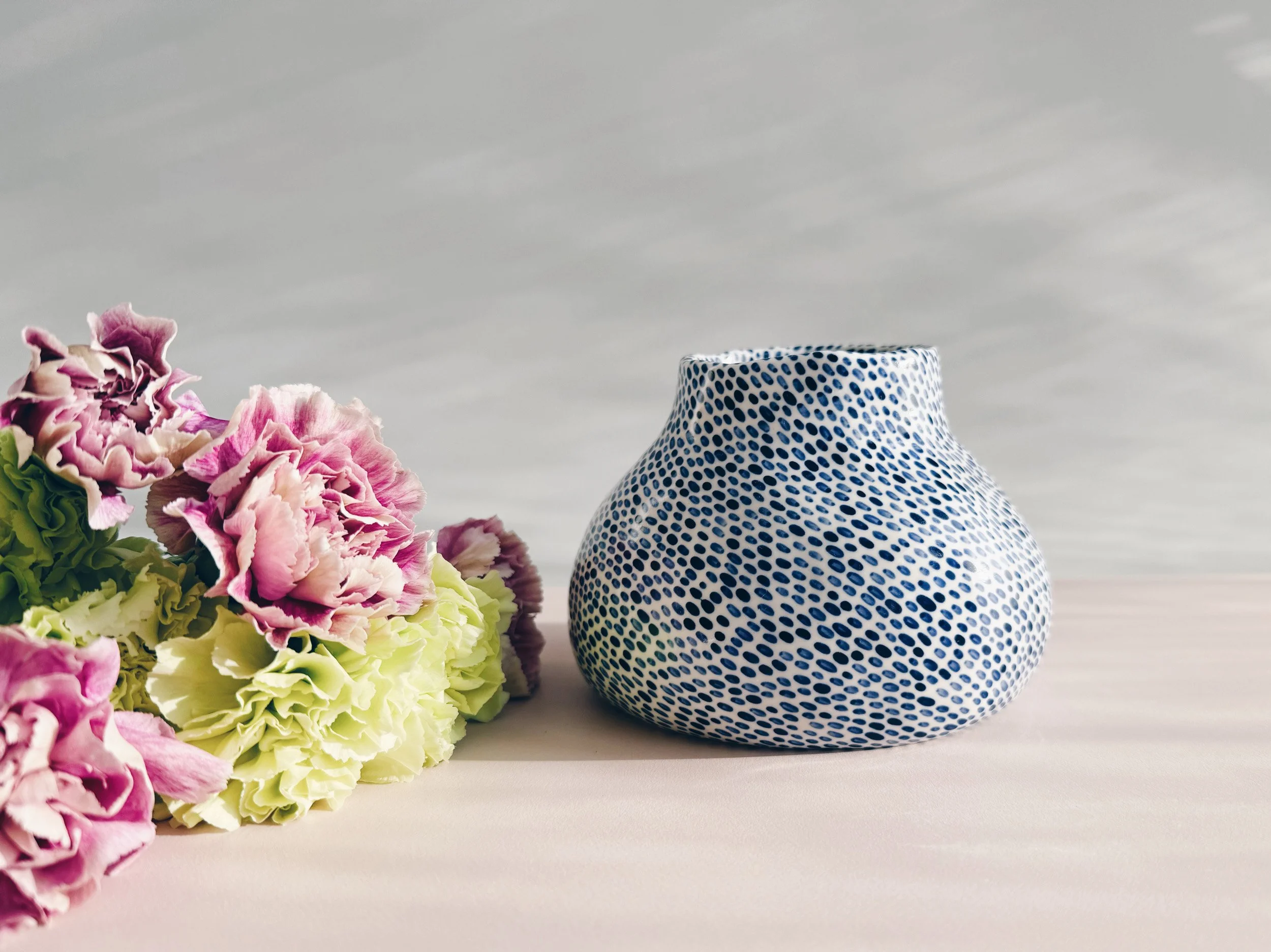 Blue and white, handmade ceramic vase.