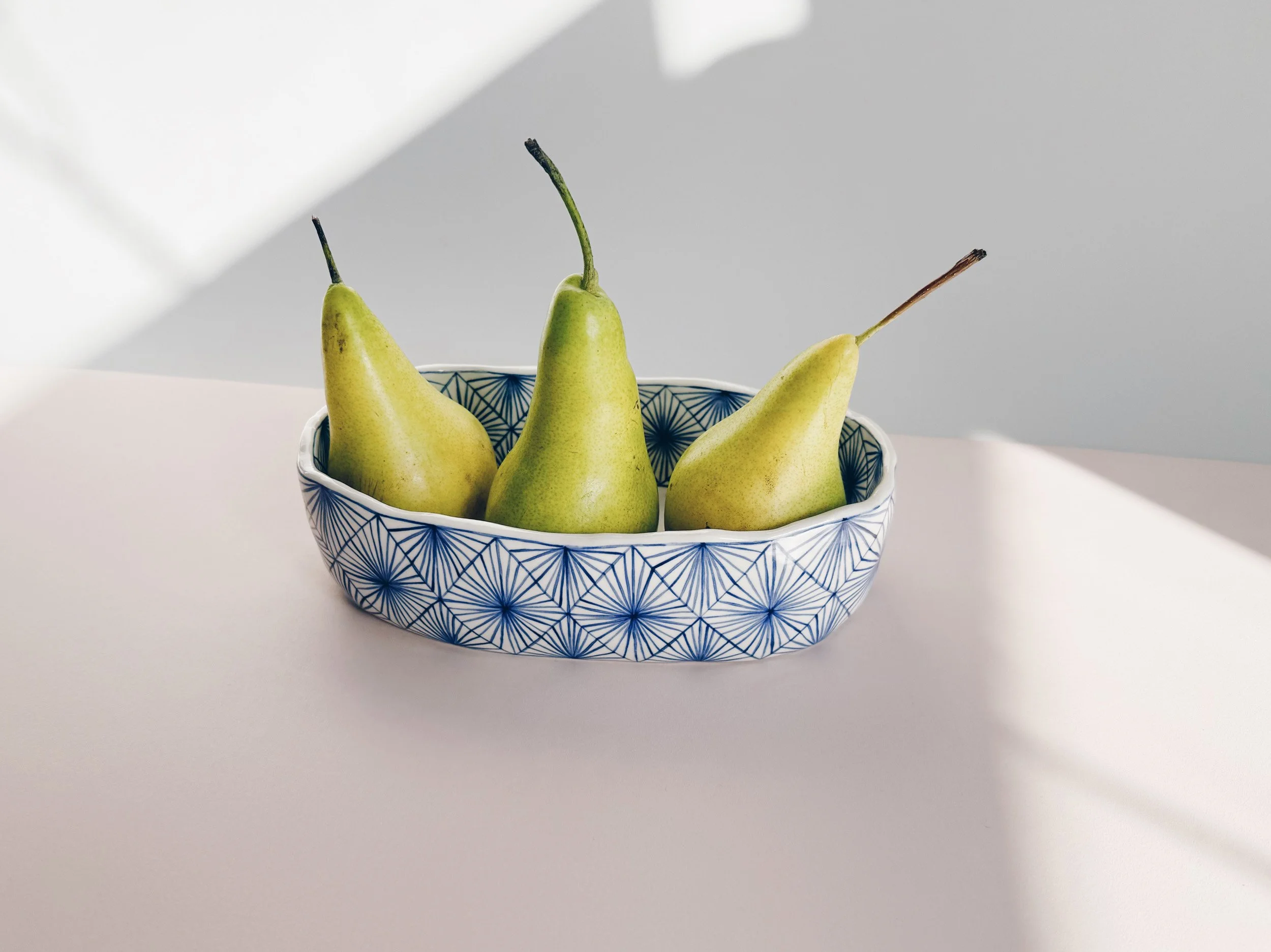 Blue and white, handmade ceramic dish.