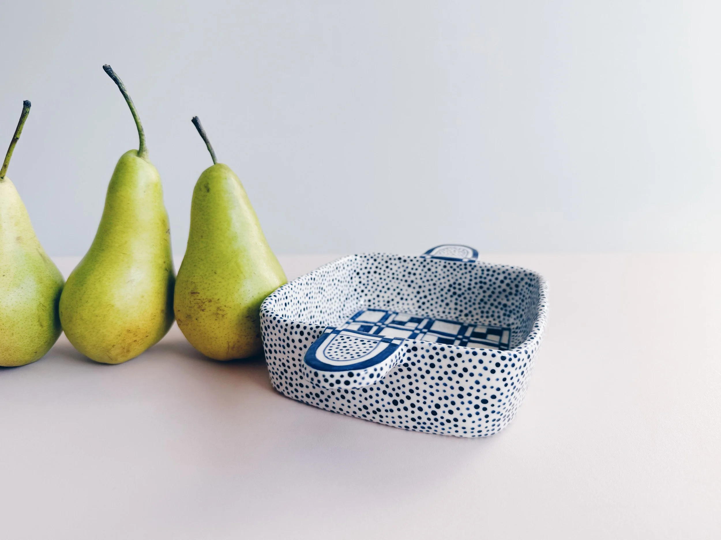 Blue and white, handmade ceramic dish.