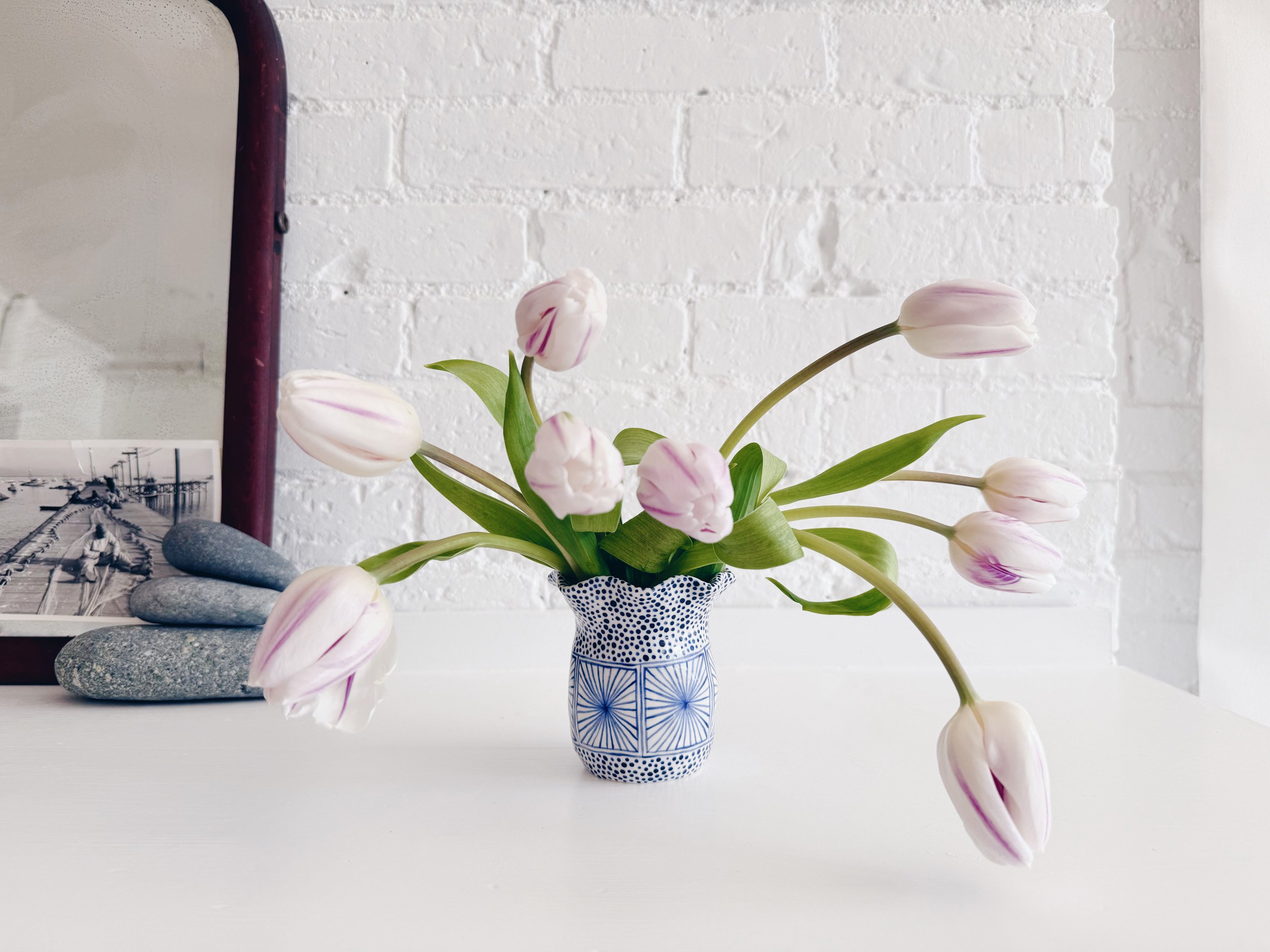 Blue and white, handmade ceramic vase.