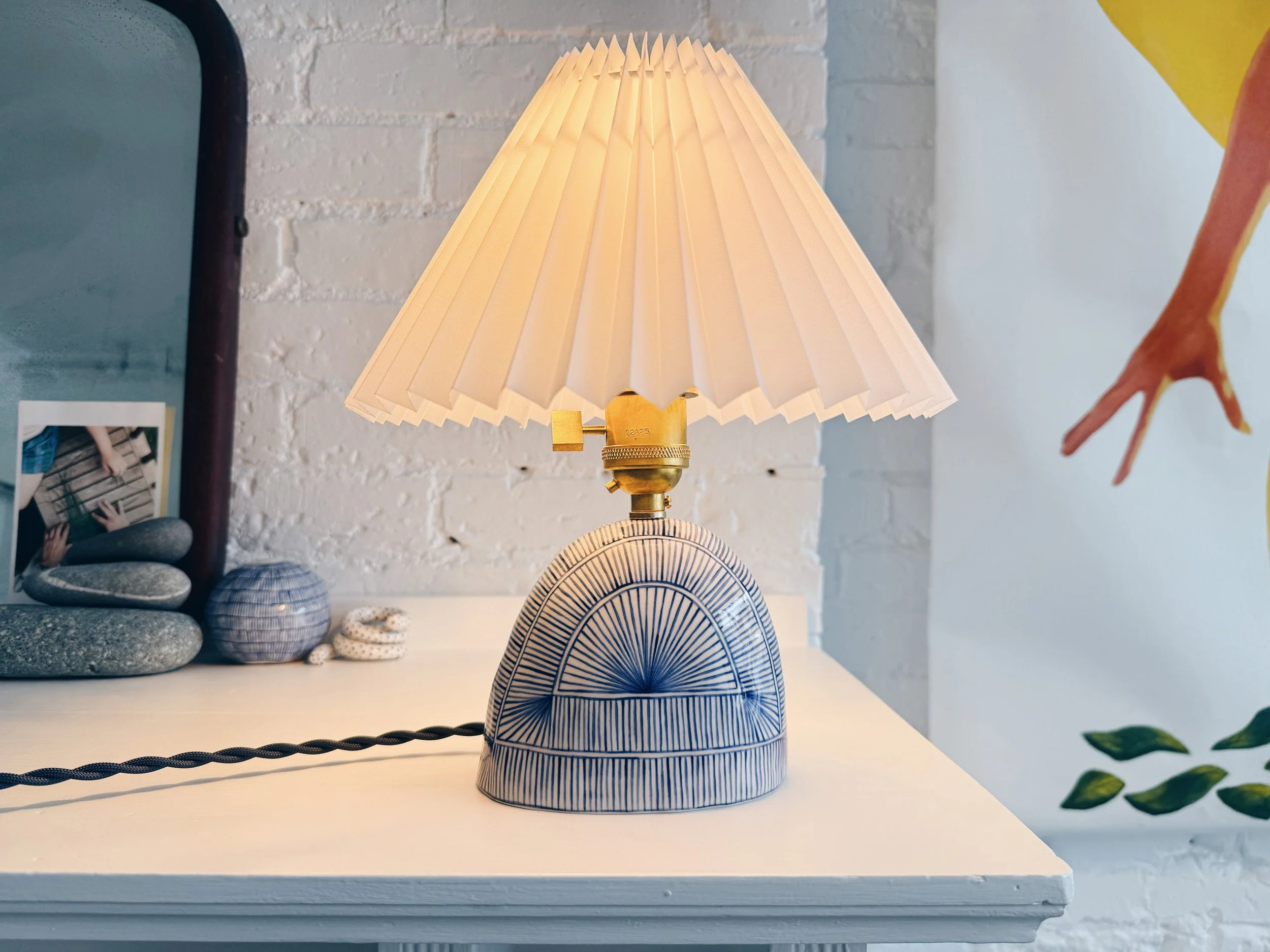 Blue and white, handmade ceramic lamp.