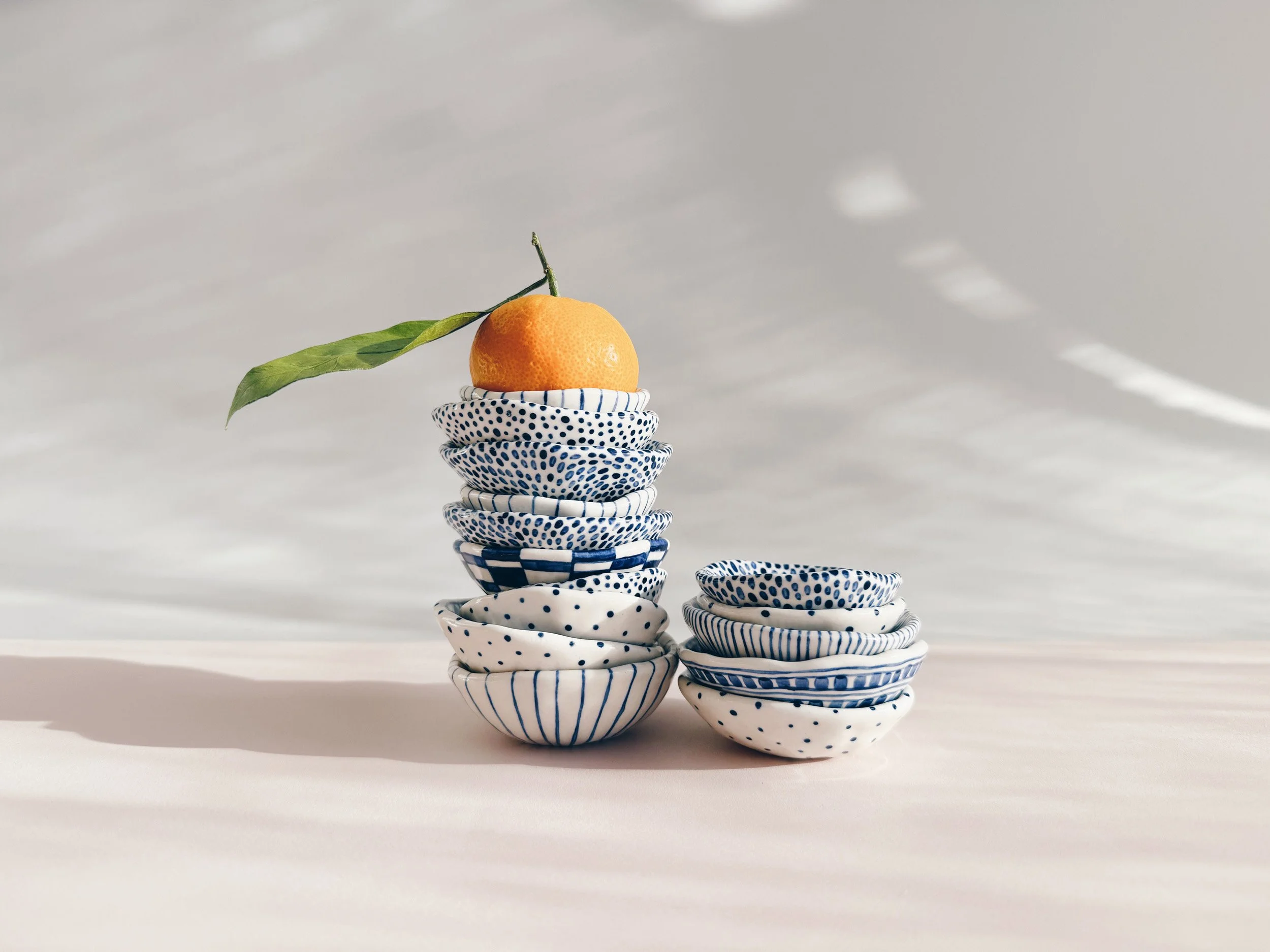 Blue and white, handmade ceramic bowl.