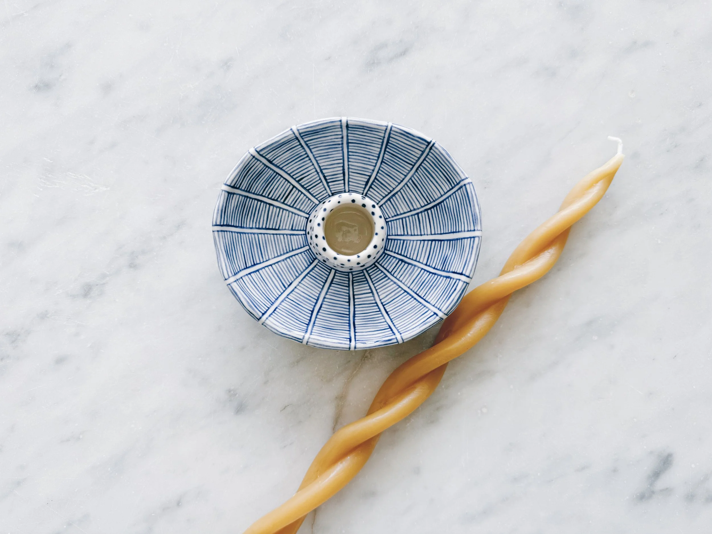 Blue and white, handmade ceramic candleholder.