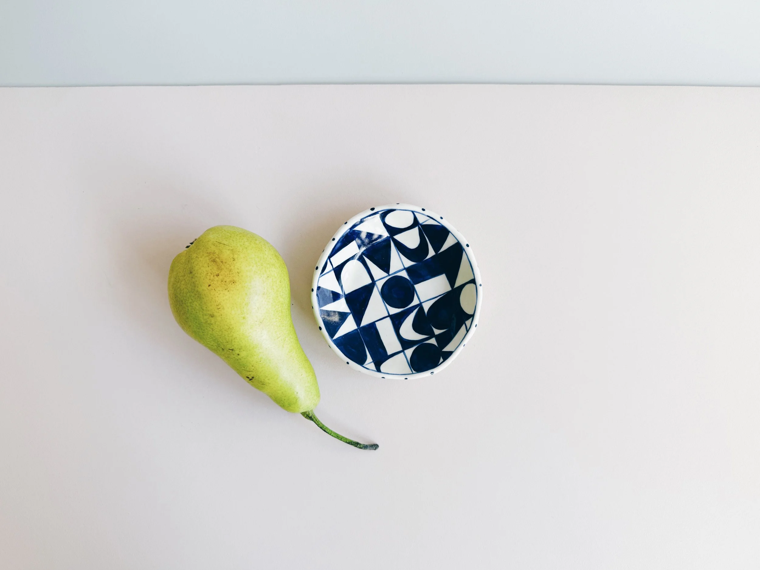 Blue and white, handmade ceramic dish.