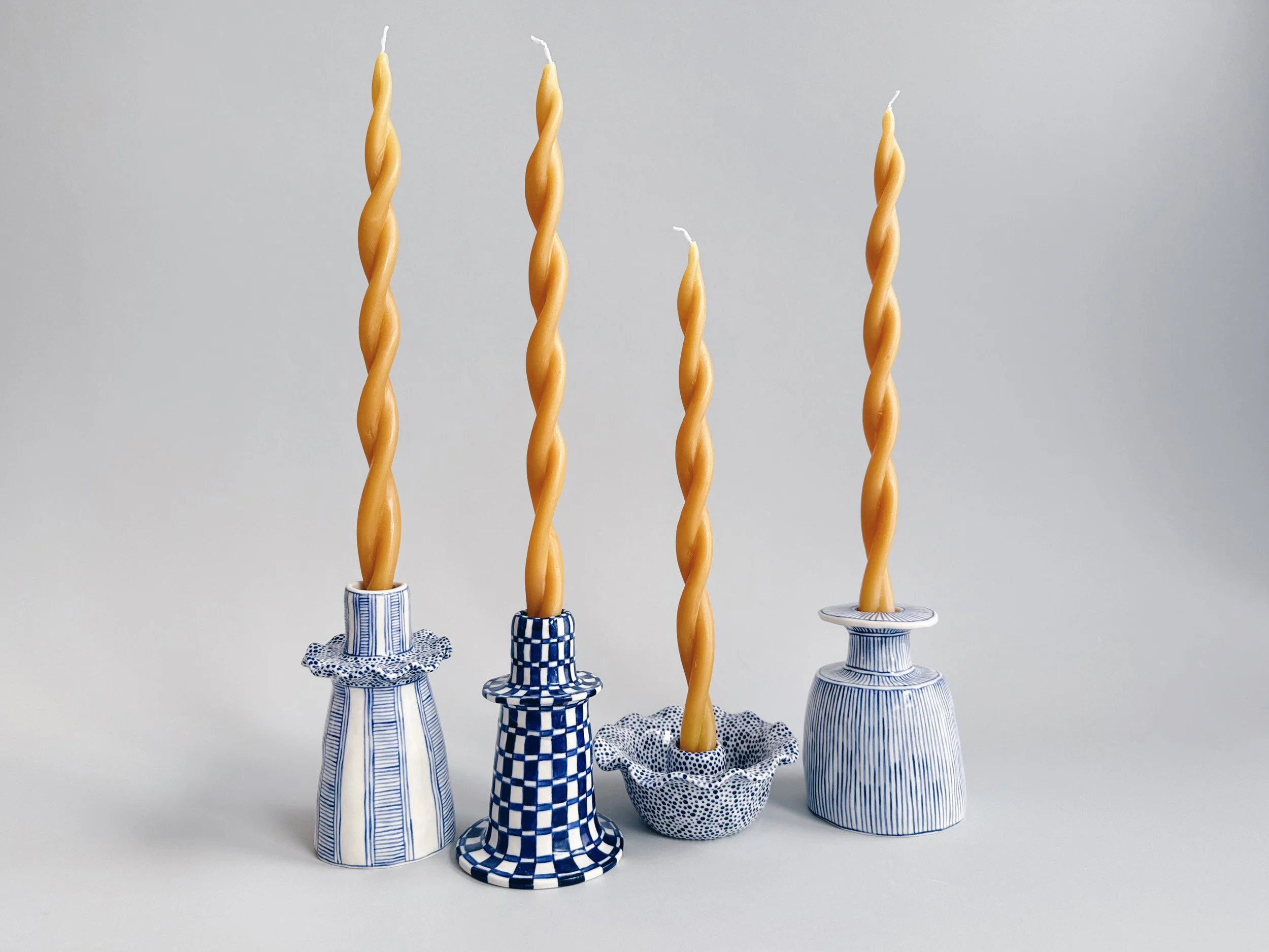 Blue and white, handmade ceramic candleholder.