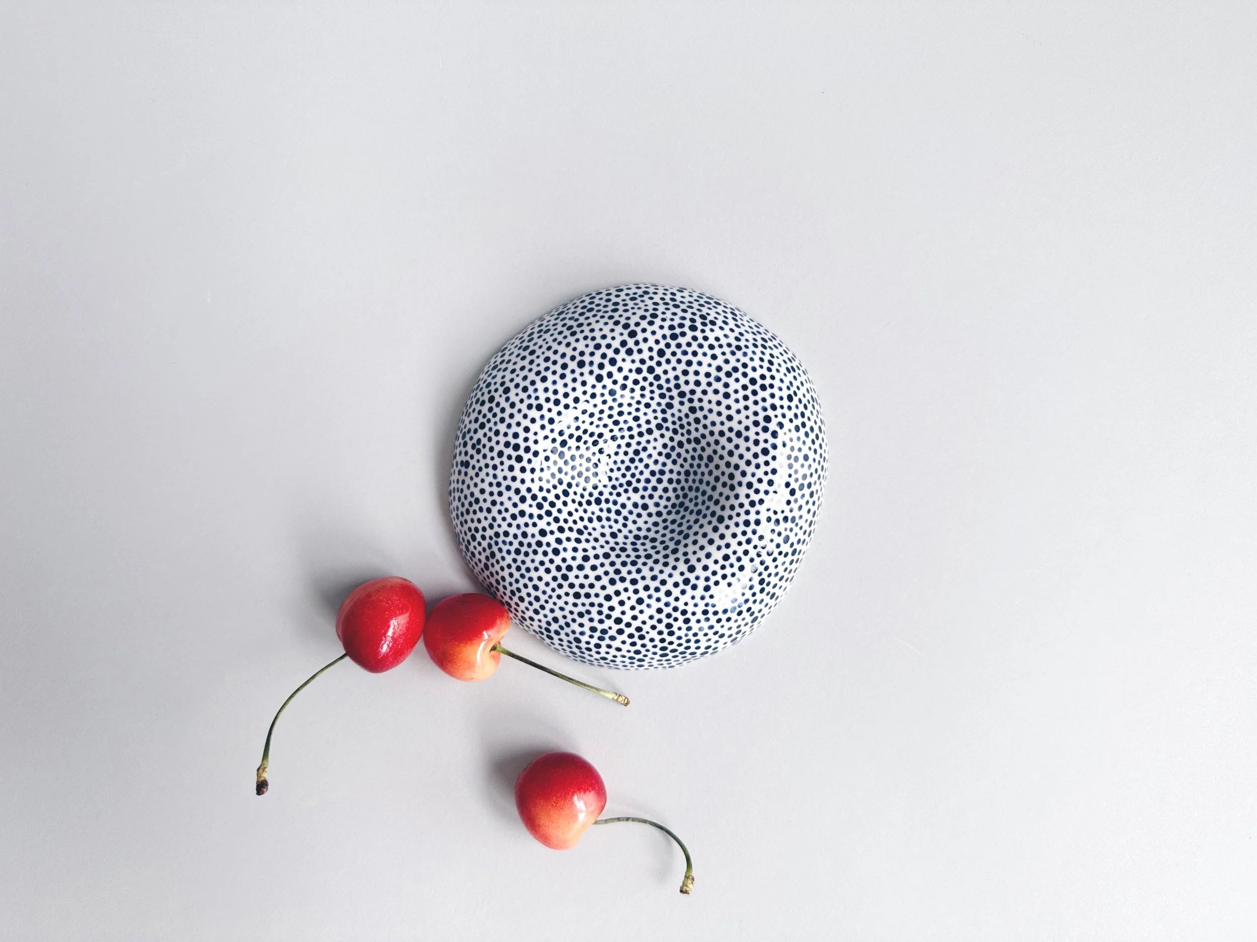 Blue and white, handmade ceramic dish.