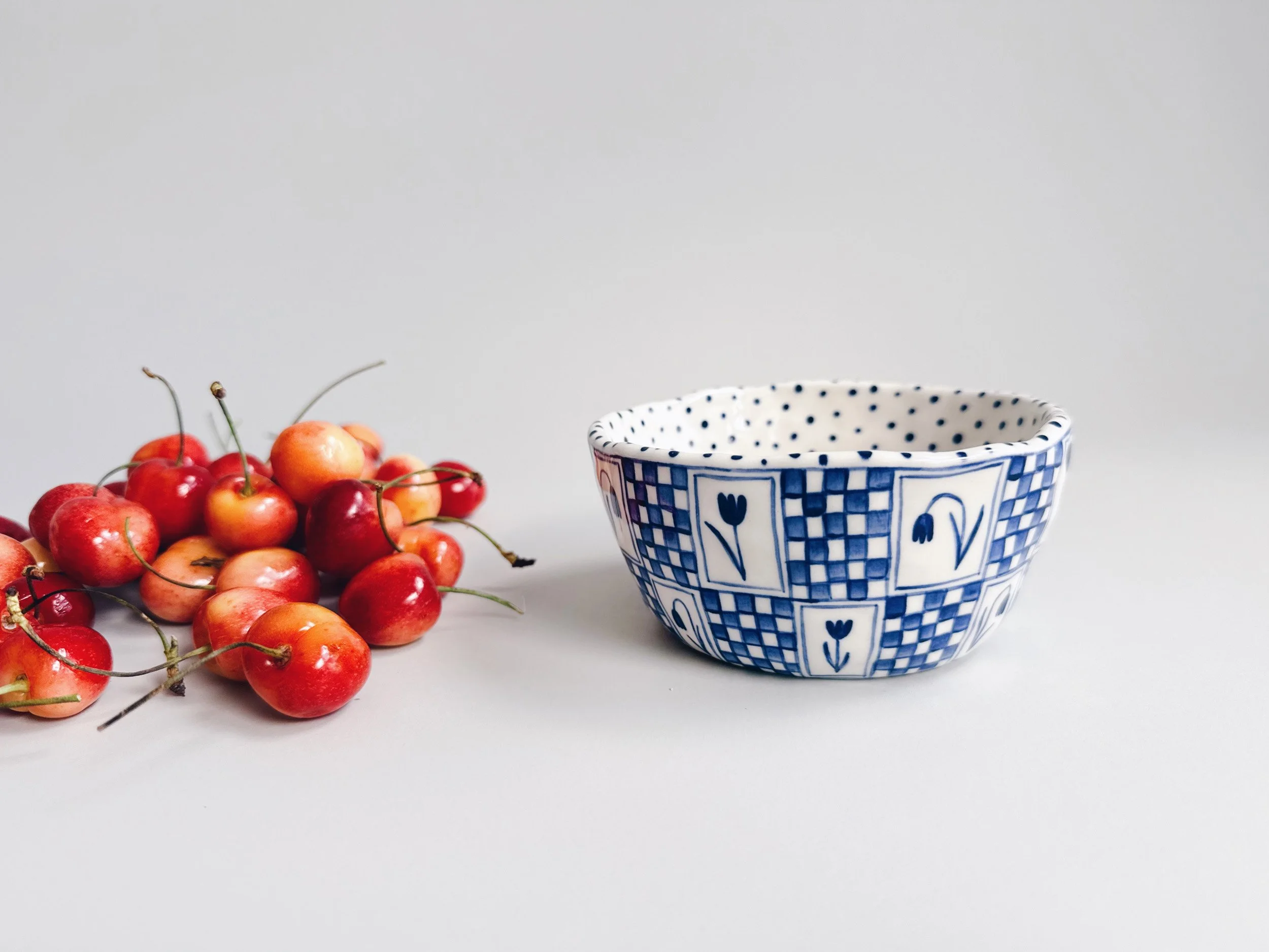 Blue and white, handmade ceramic bowl.