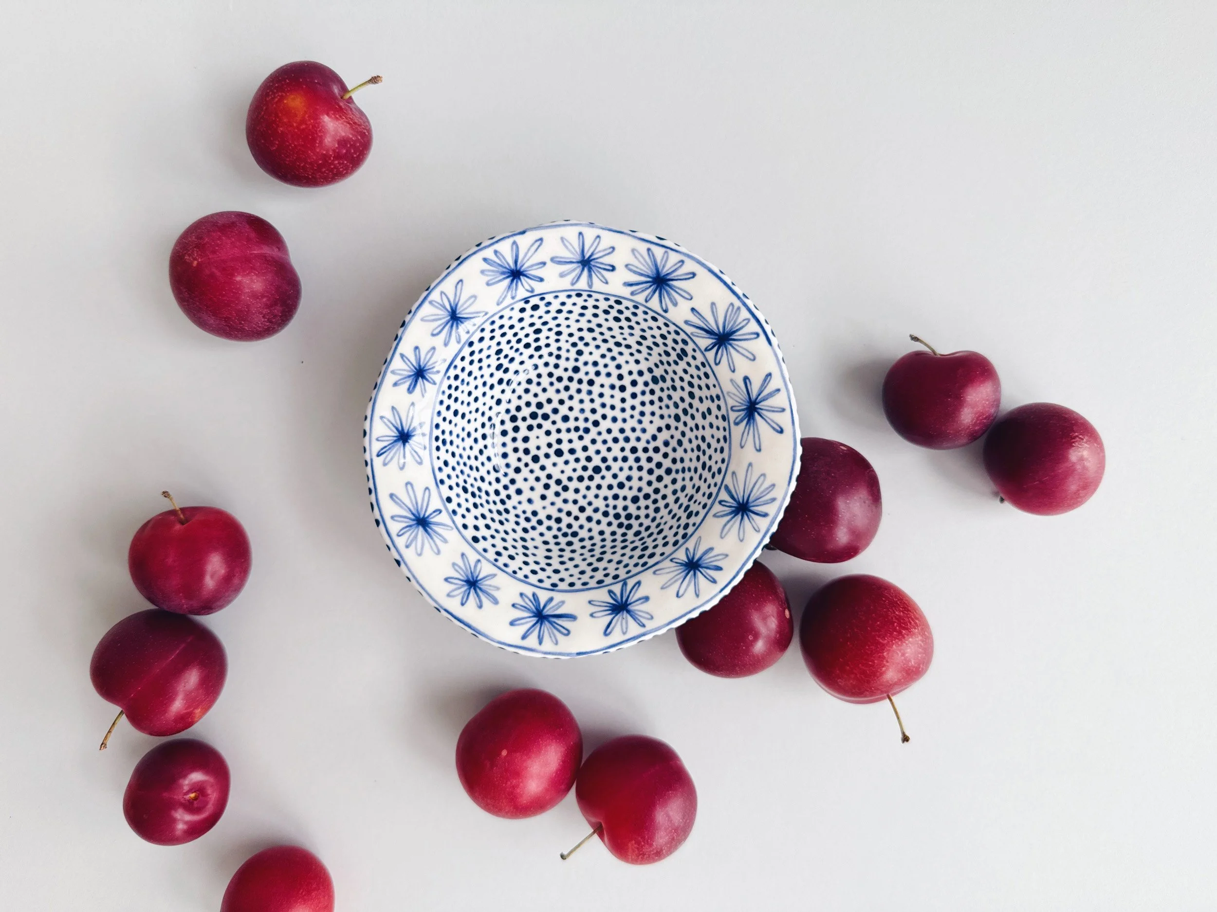Blue and white, handmade ceramic bowl.