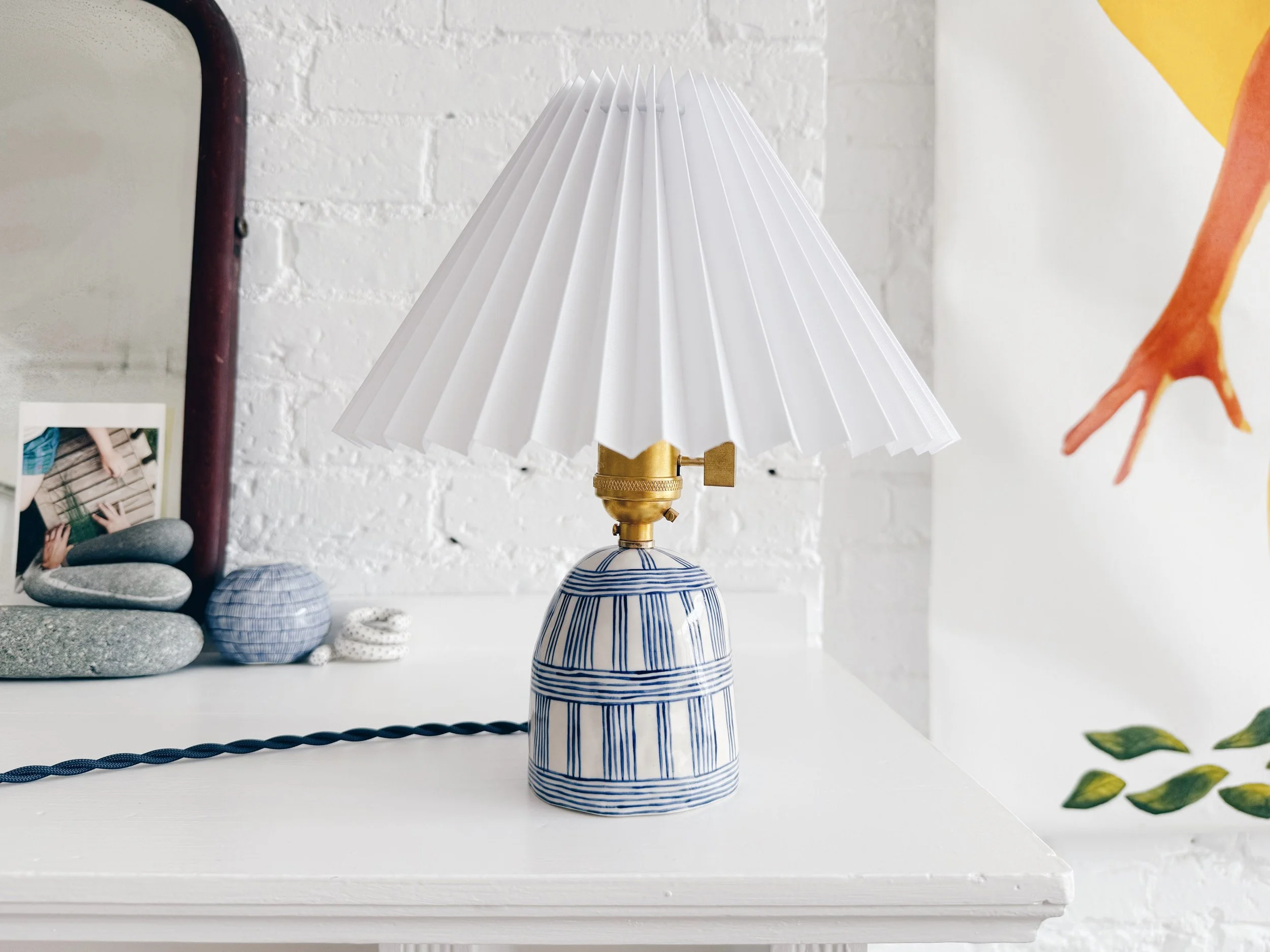 Blue and white, handmade ceramic lamp.