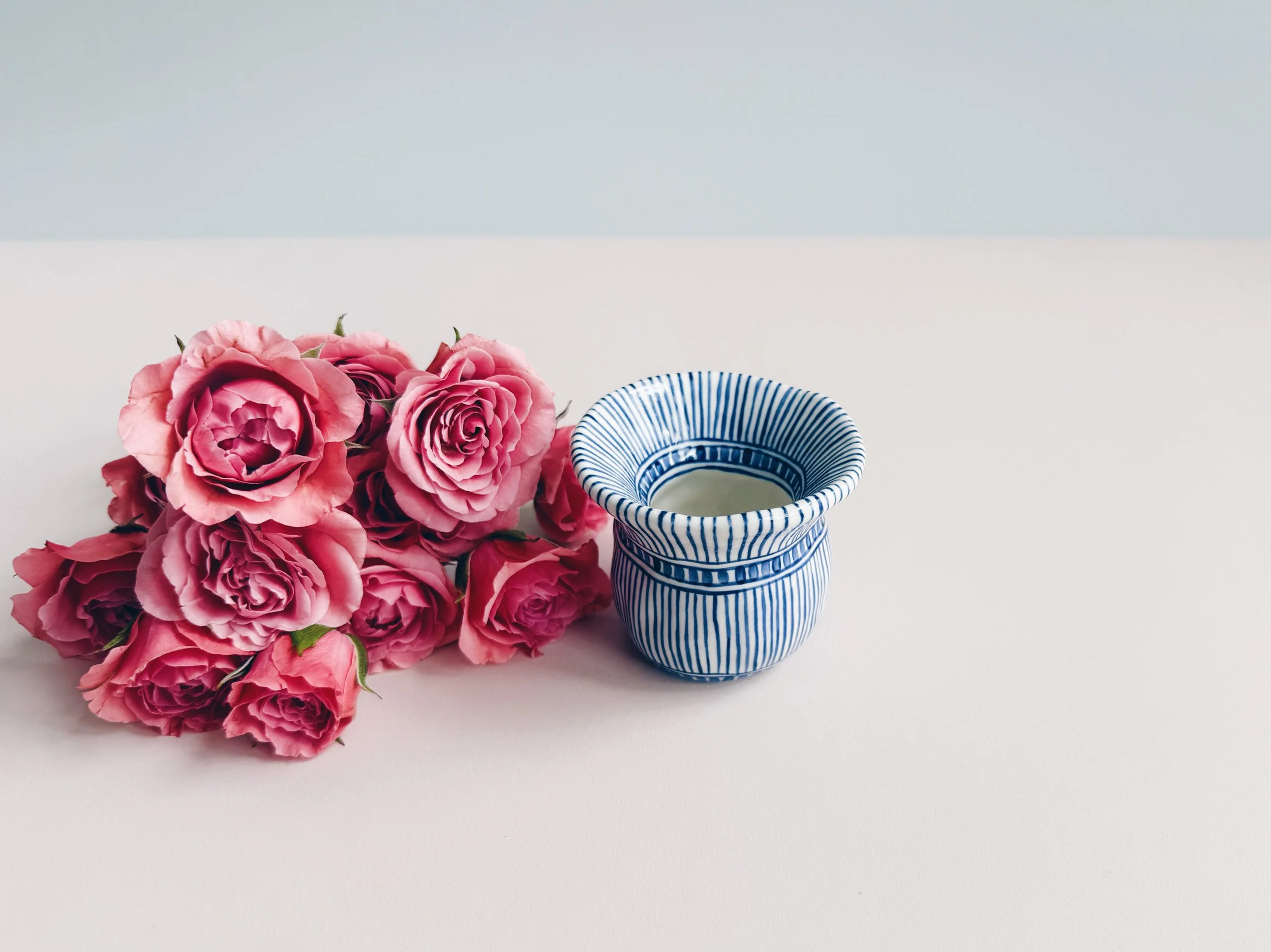 Blue and white, handmade ceramic vase.