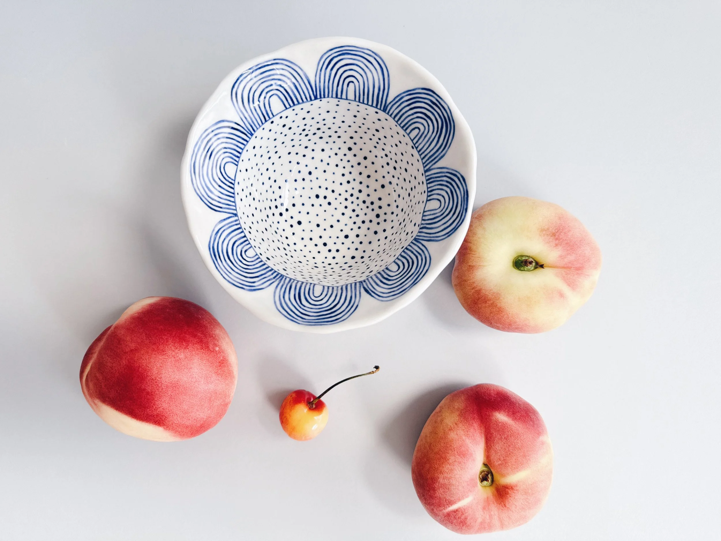 Blue and white, handmade ceramic bowl.