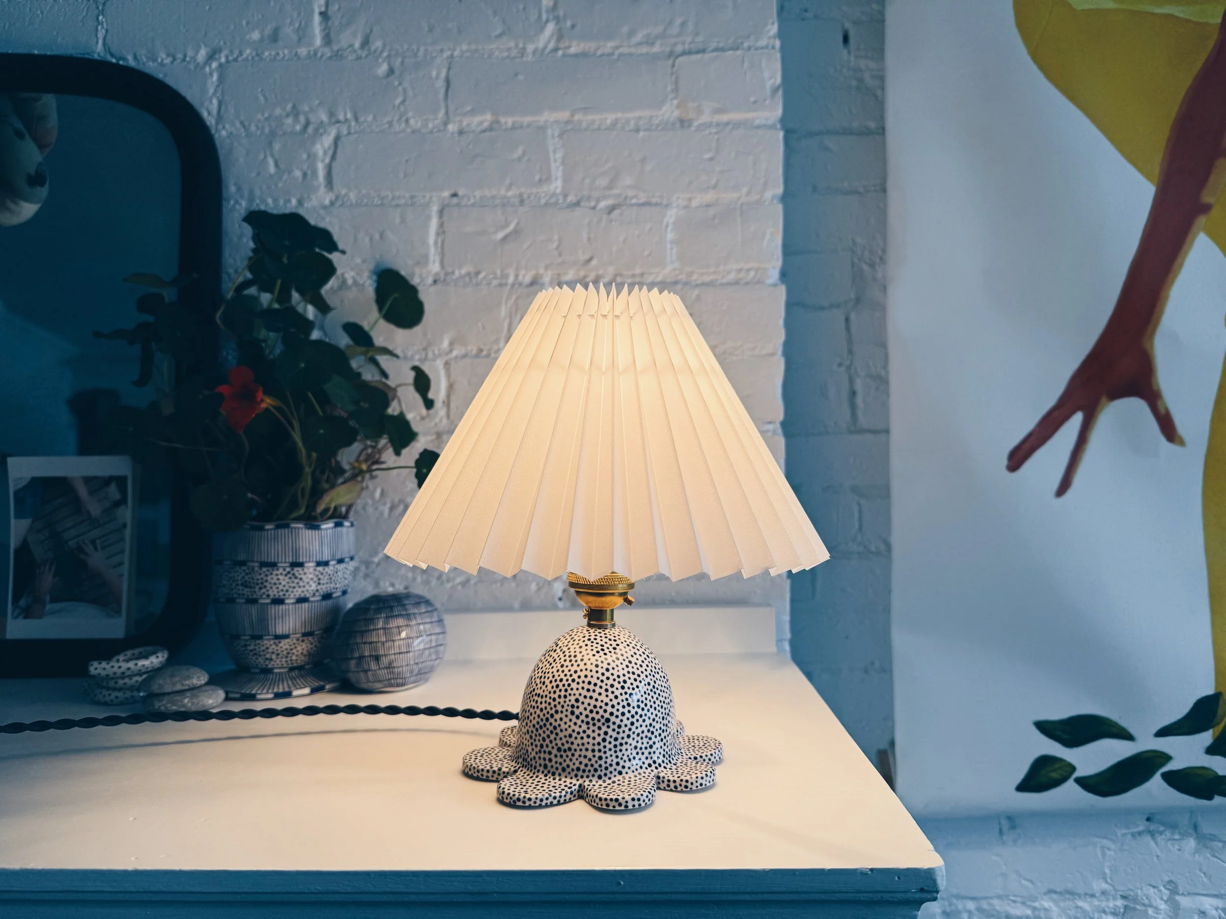 Blue and white, handmade ceramic lamp.