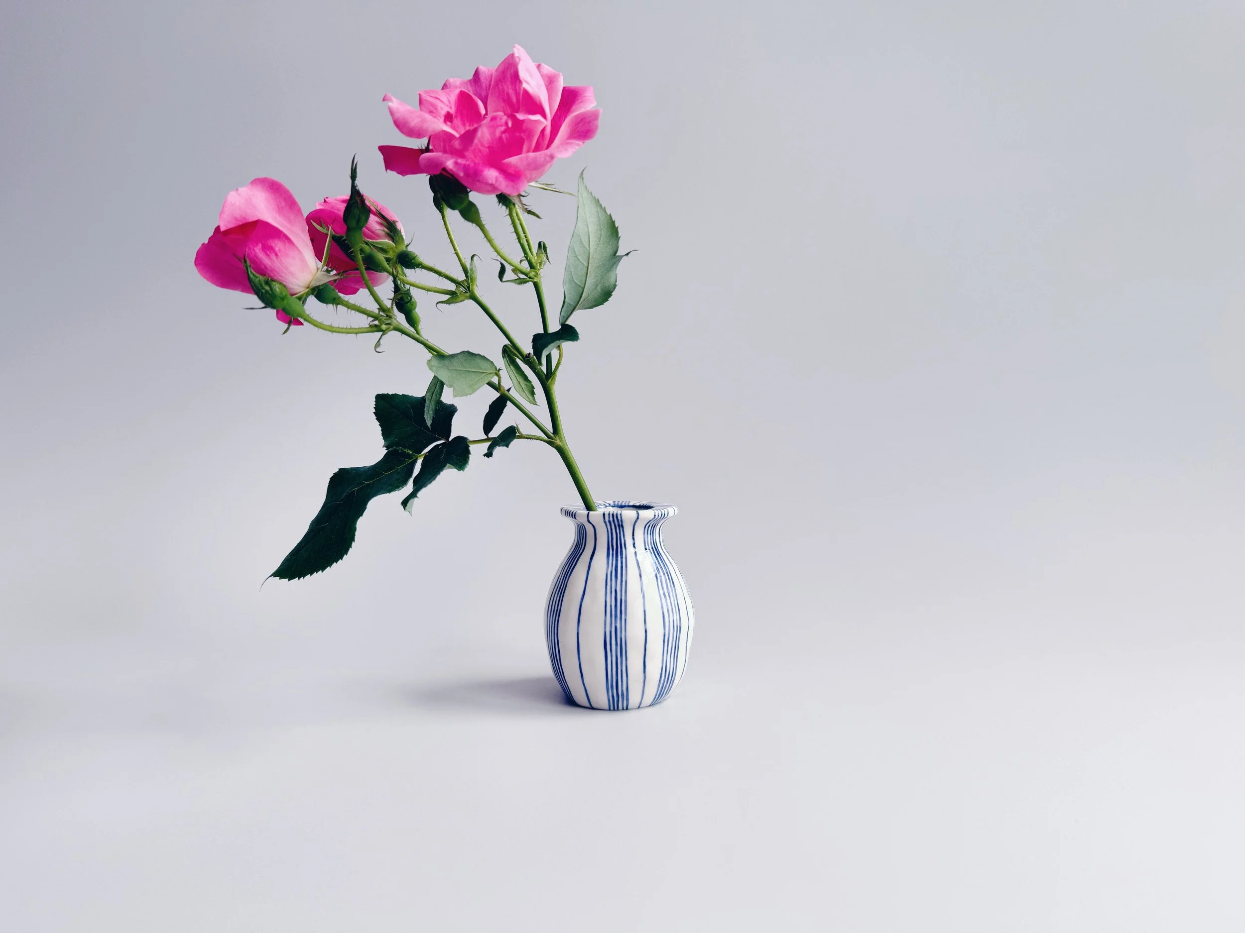 Blue and white, handmade ceramic vase.