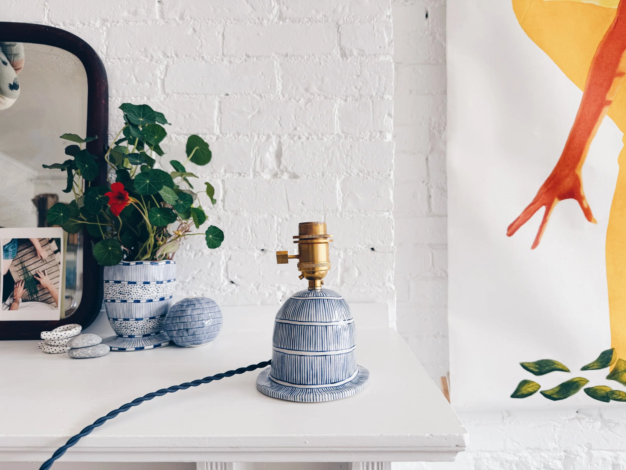 Blue and white, handmade ceramic lamp.