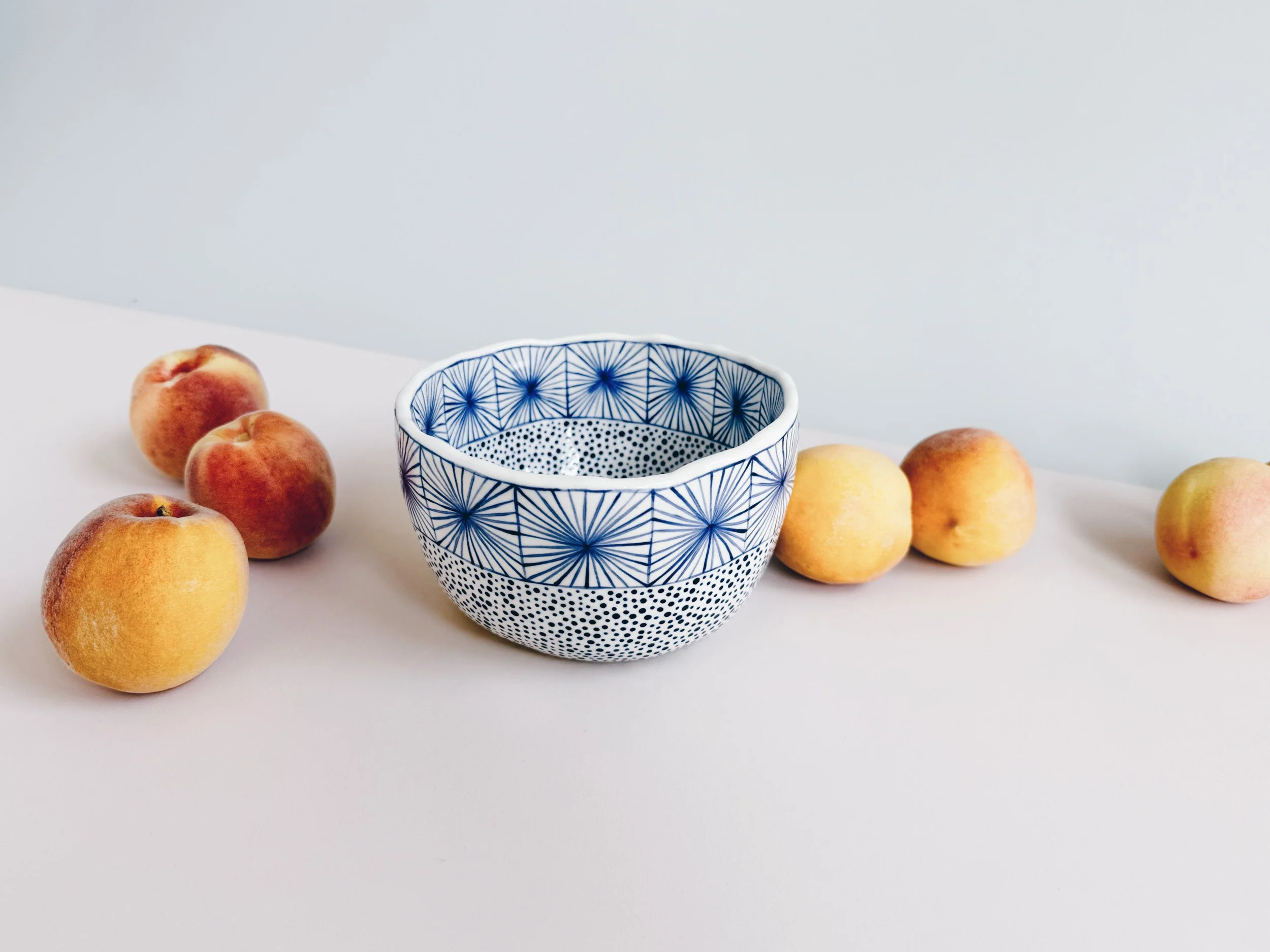 Blue and white handmade ceramic bowl.