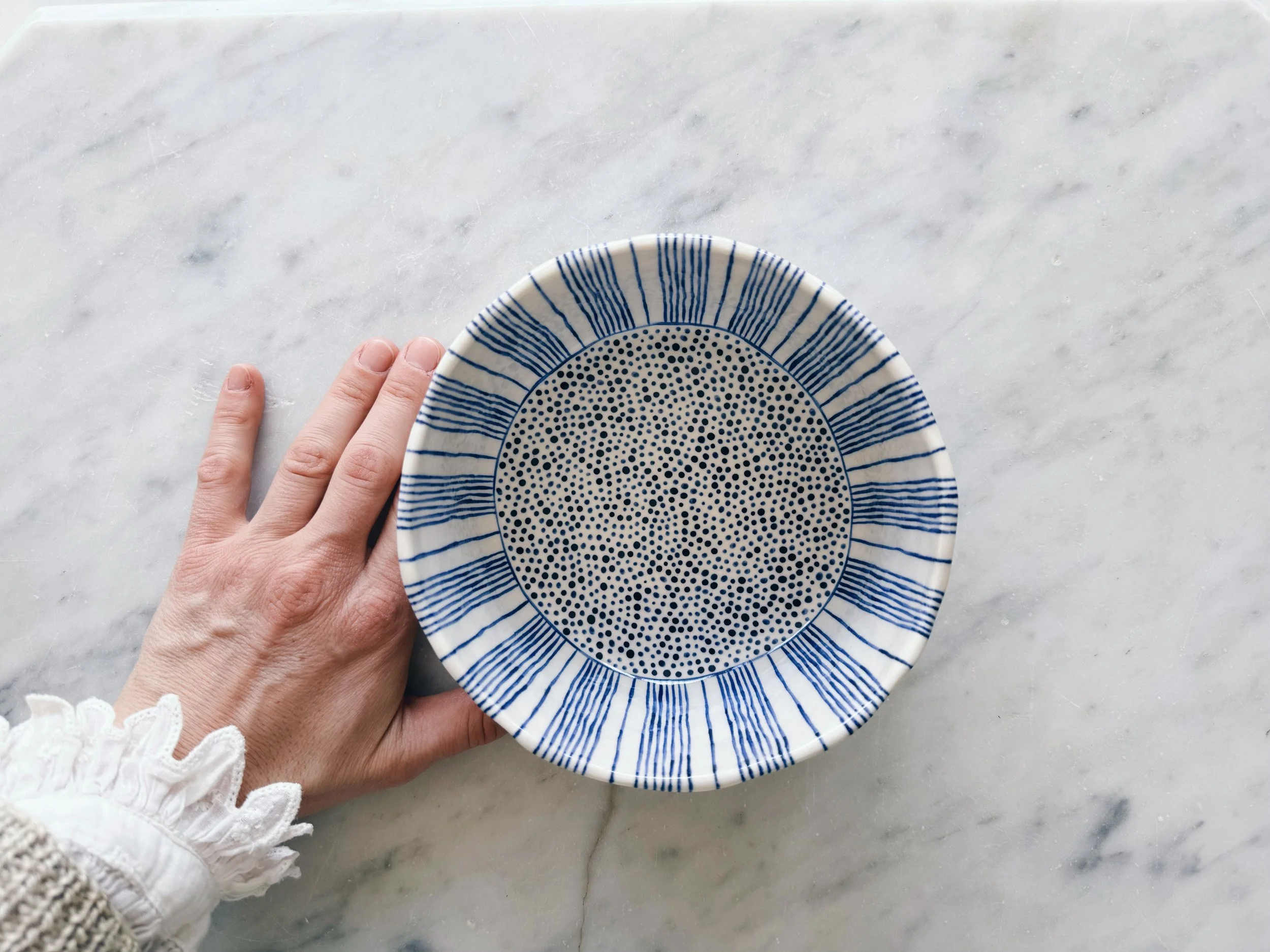 Blue and white, handmade ceramic dish.