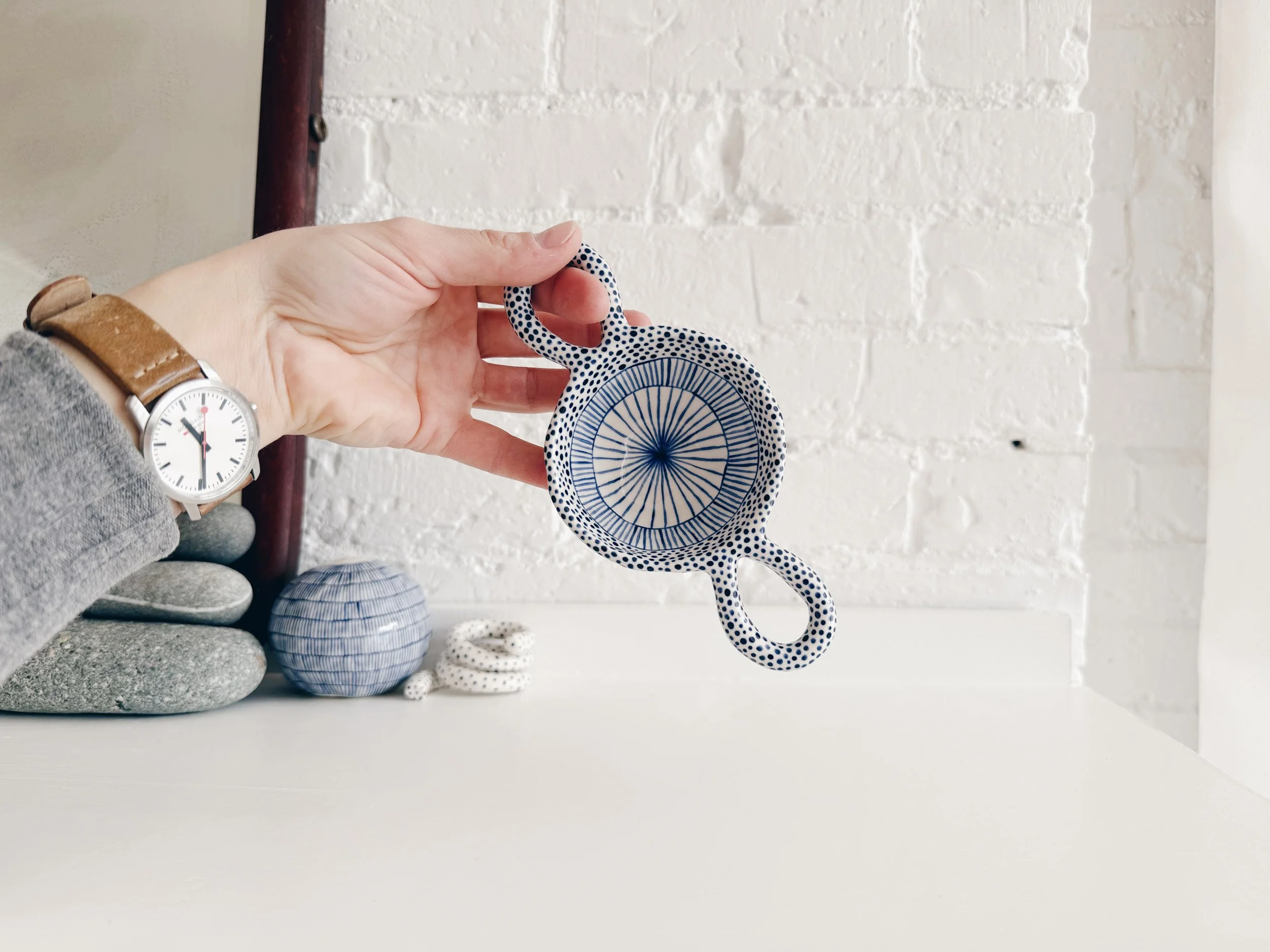 Blue and white, handmade ceramic bowl.