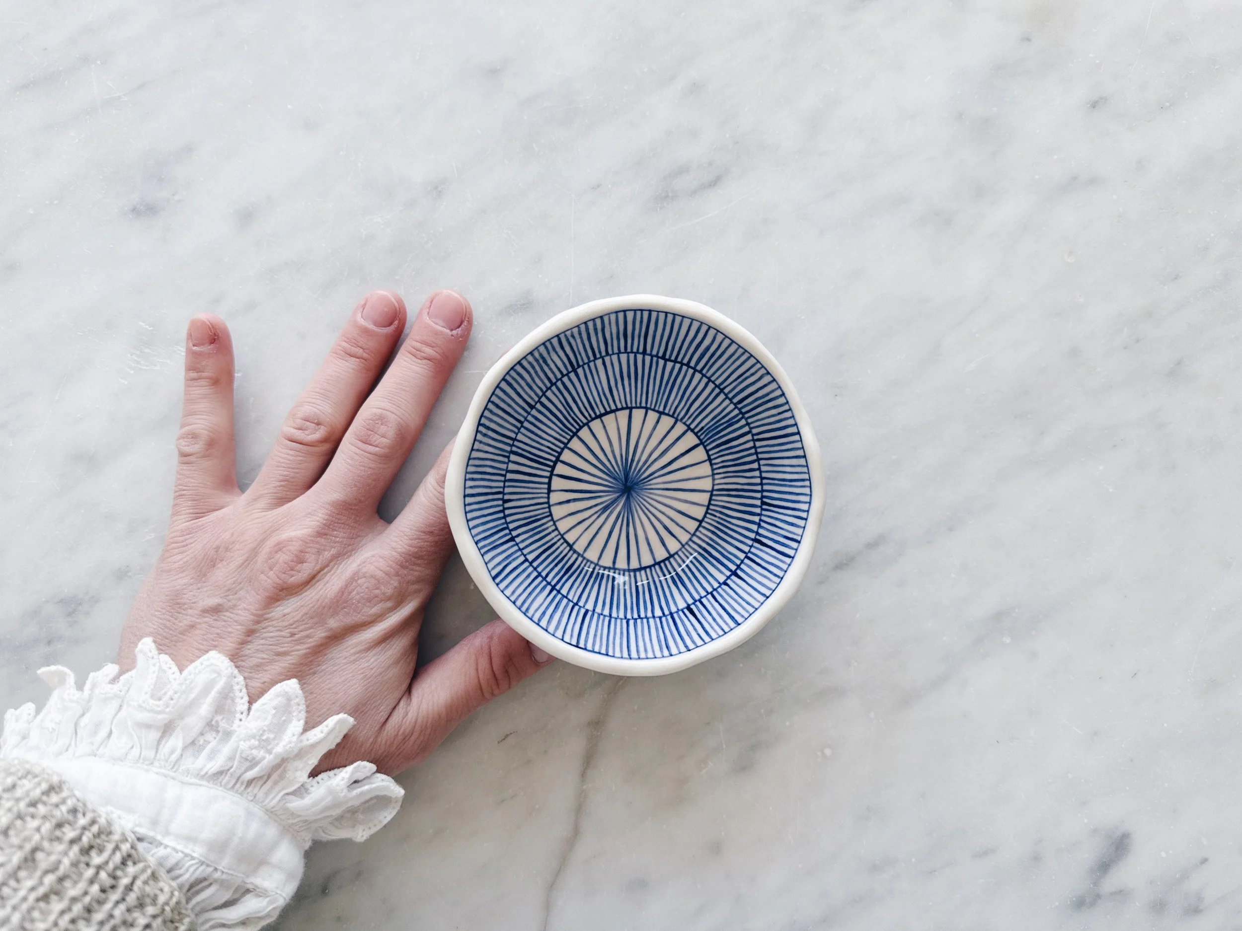 Blue and white, handmade ceramic bowl.