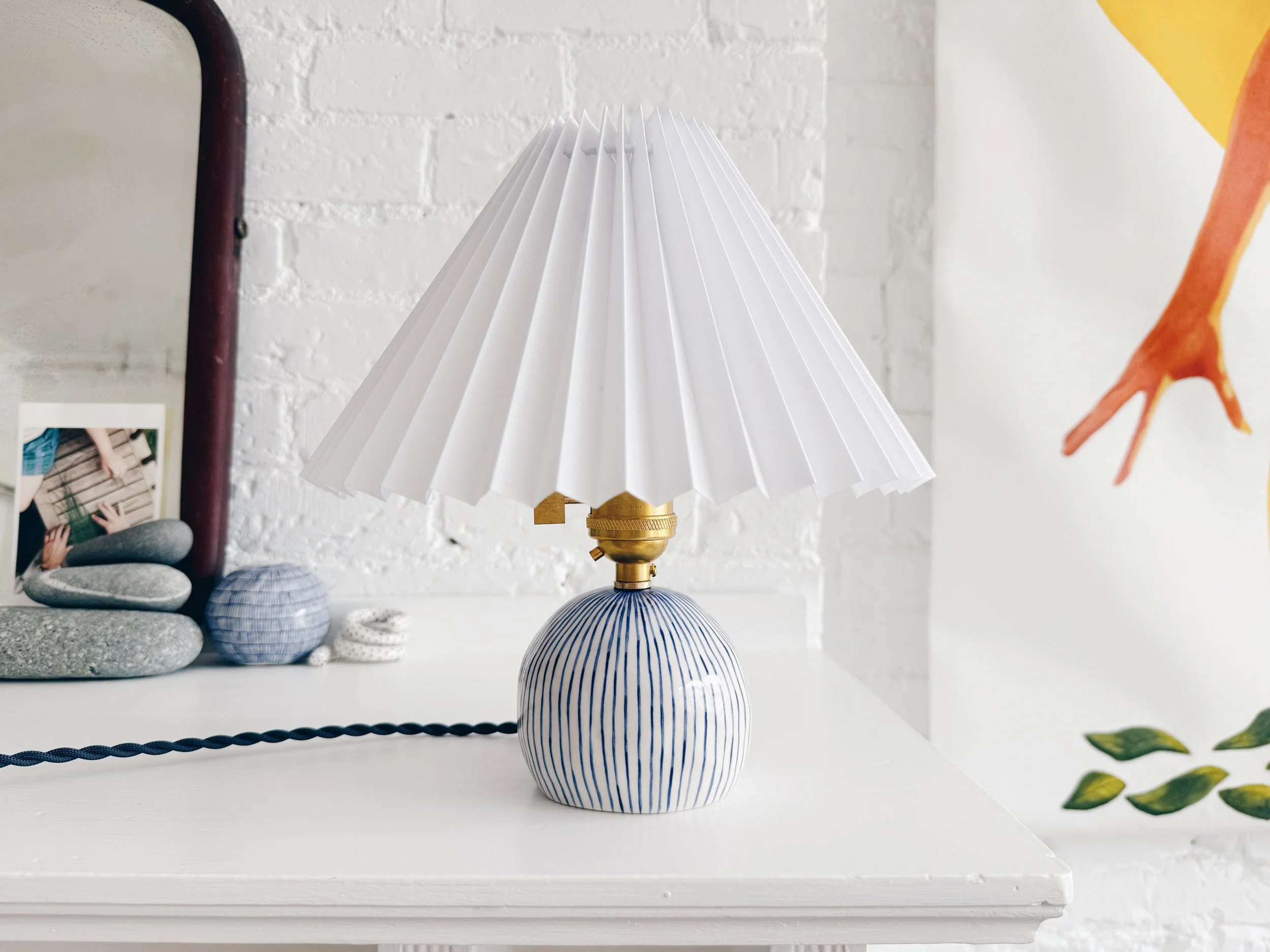 Blue and white, handmade ceramic lamp.