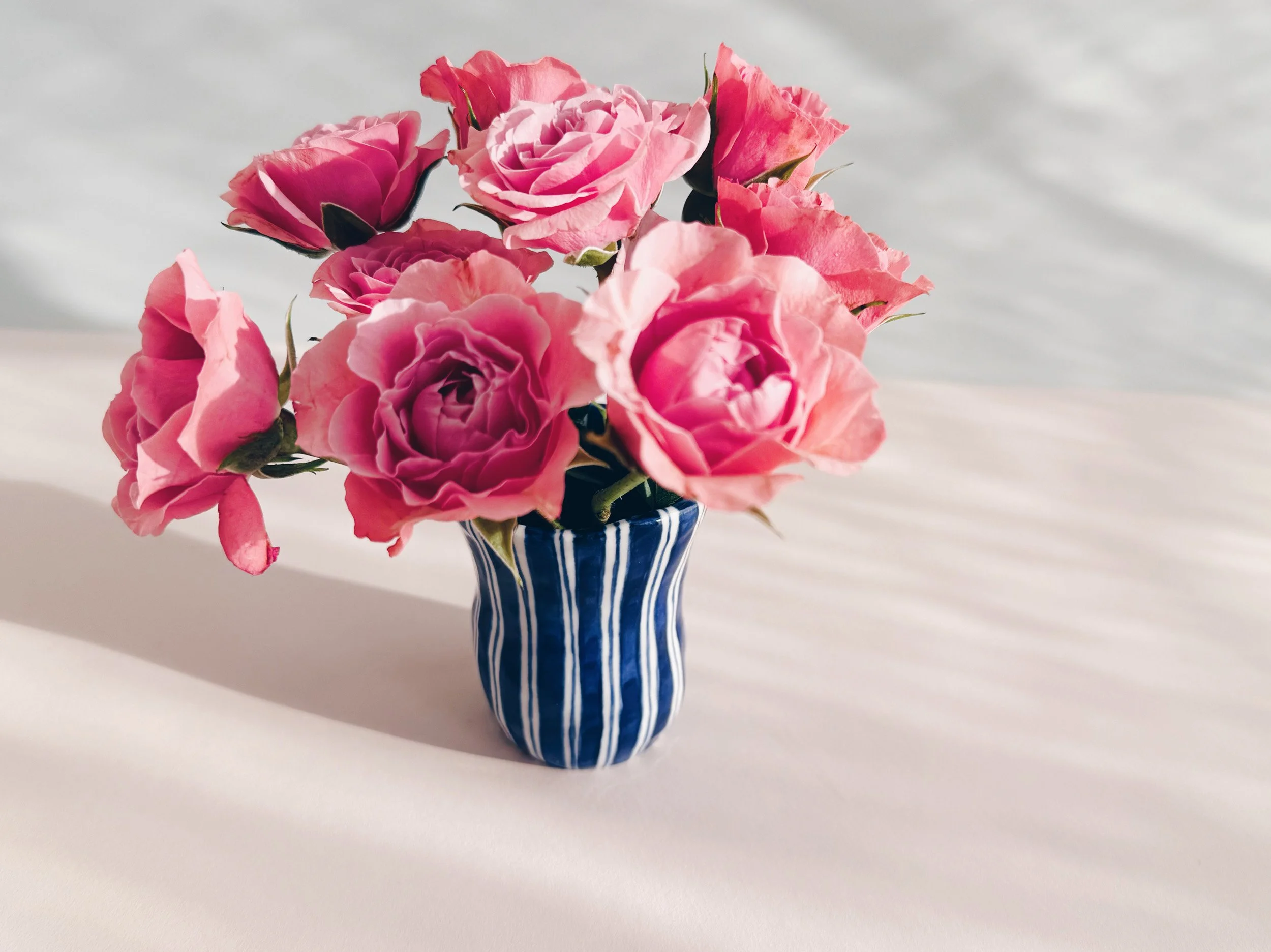 Blue and white, handmade ceramic vase.