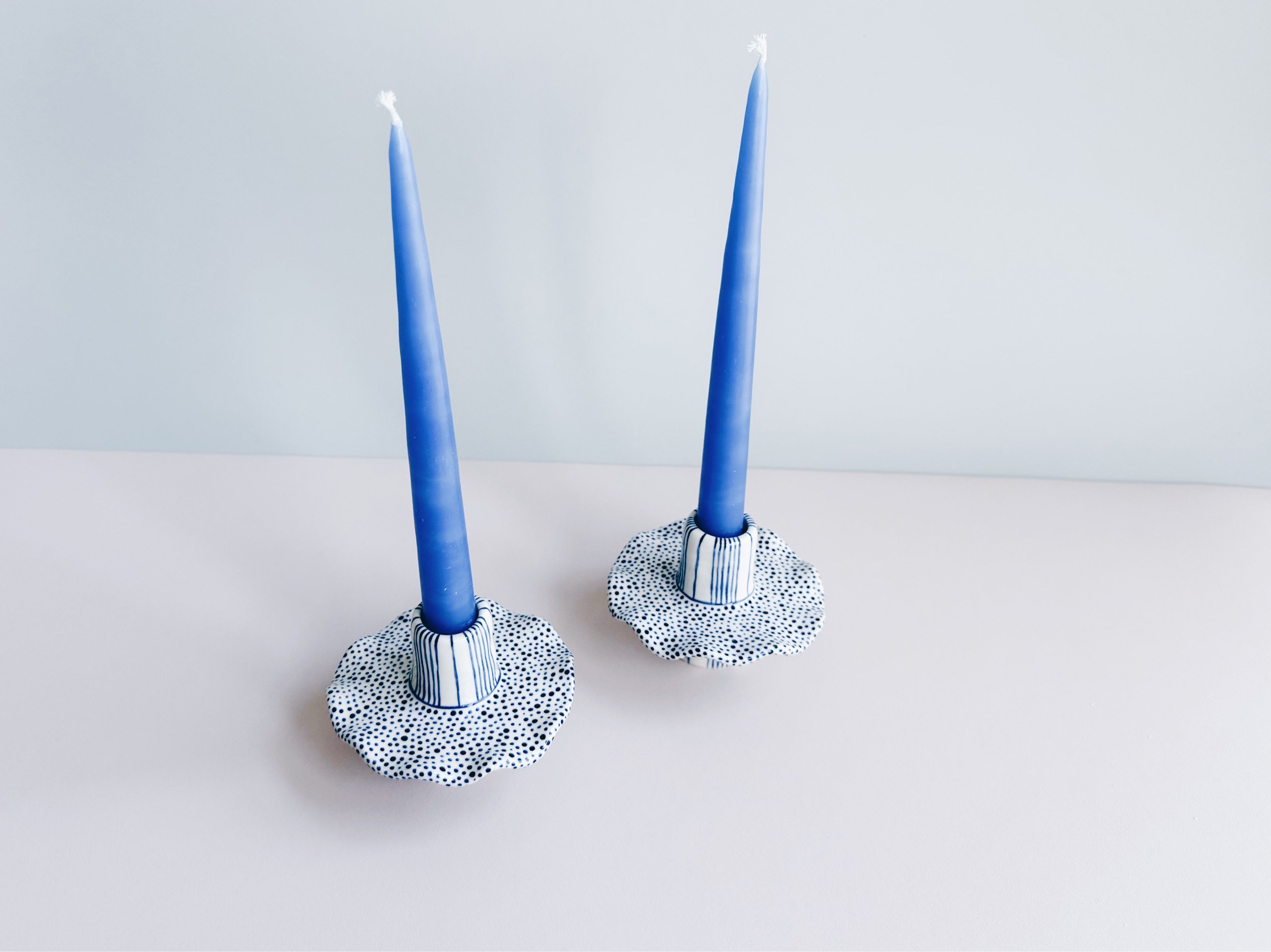 Blue and white, handmade ceramic candleholder.