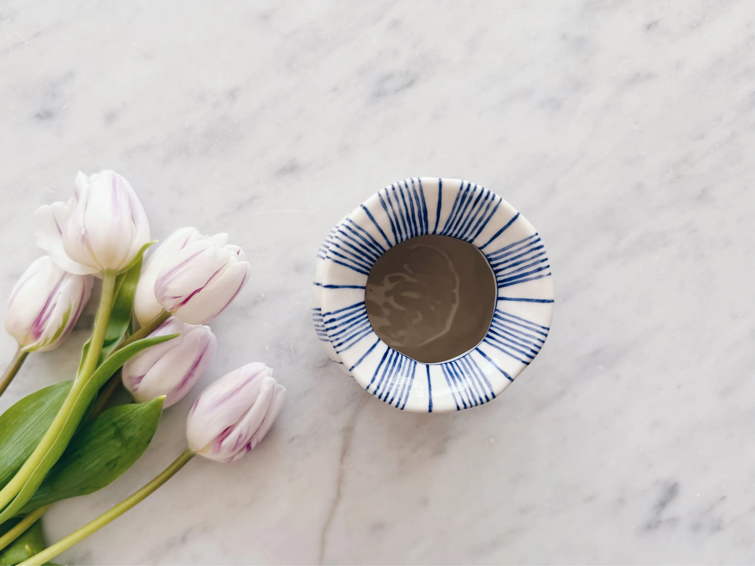 Blue and white, handmade ceramic vase.