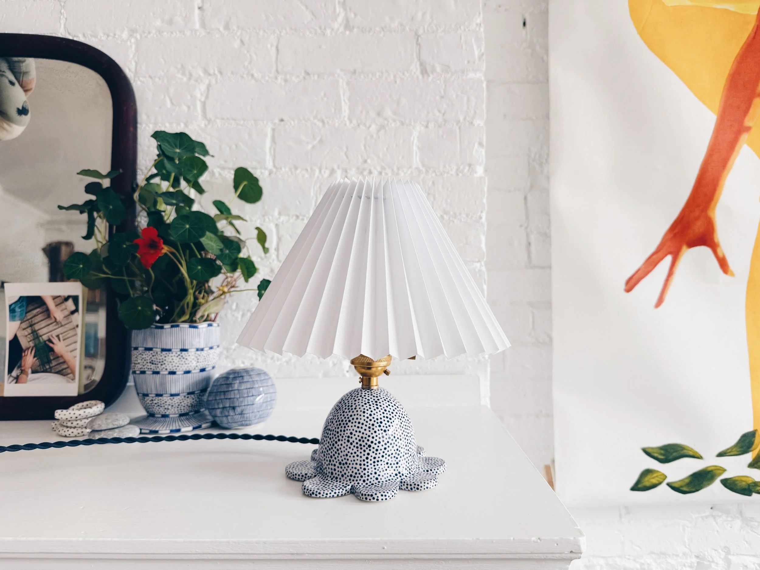 Blue and white, handmade ceramic lamp.