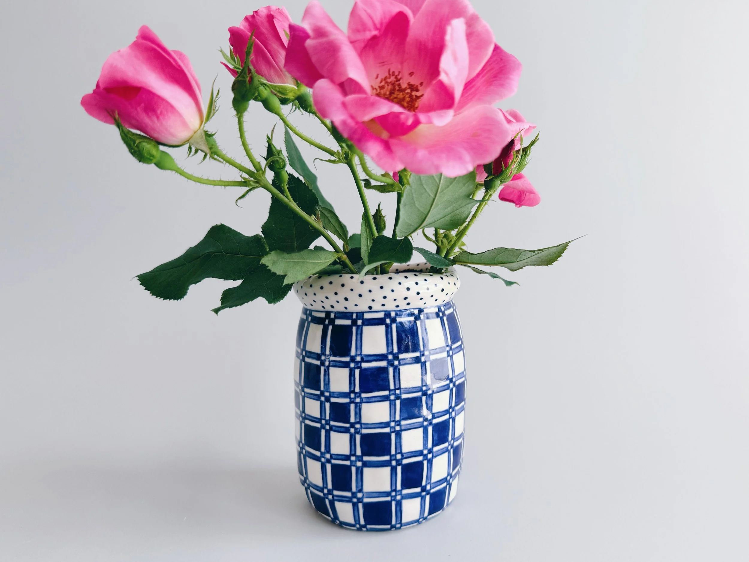 Blue and white, handmade ceramic vase.