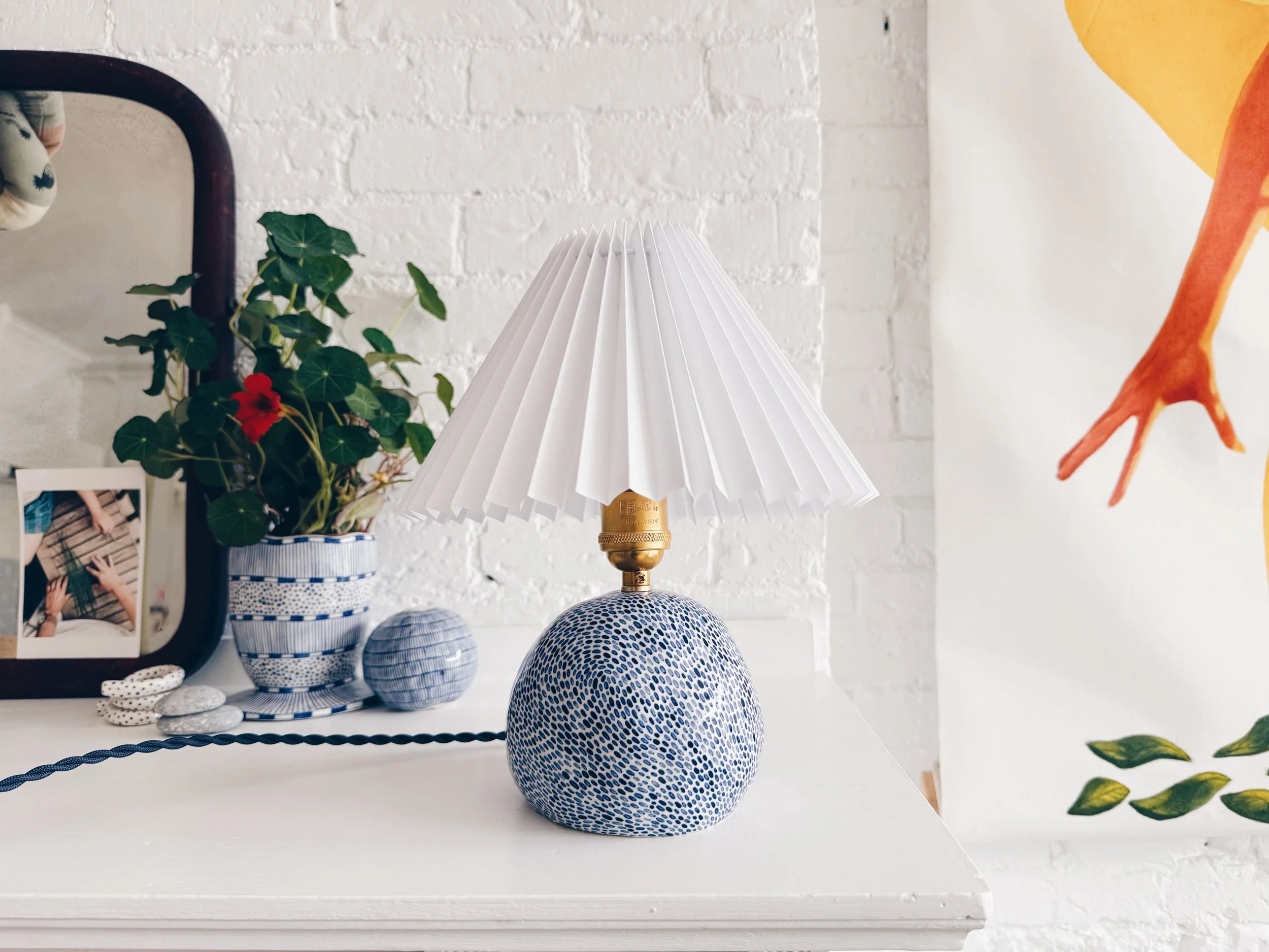 Blue and white, handmade ceramic lamp.