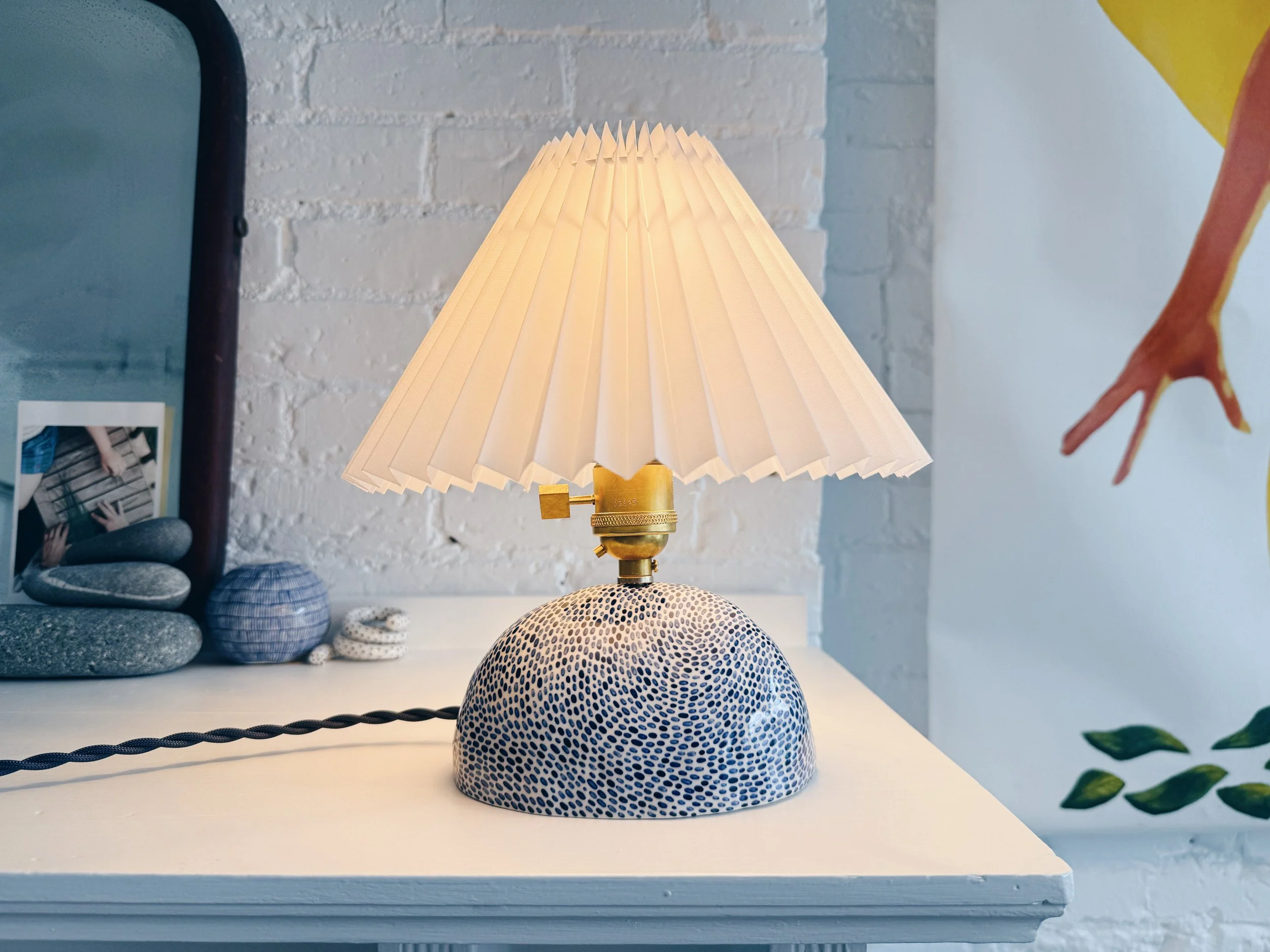 Blue and white, handmade ceramic lamp.