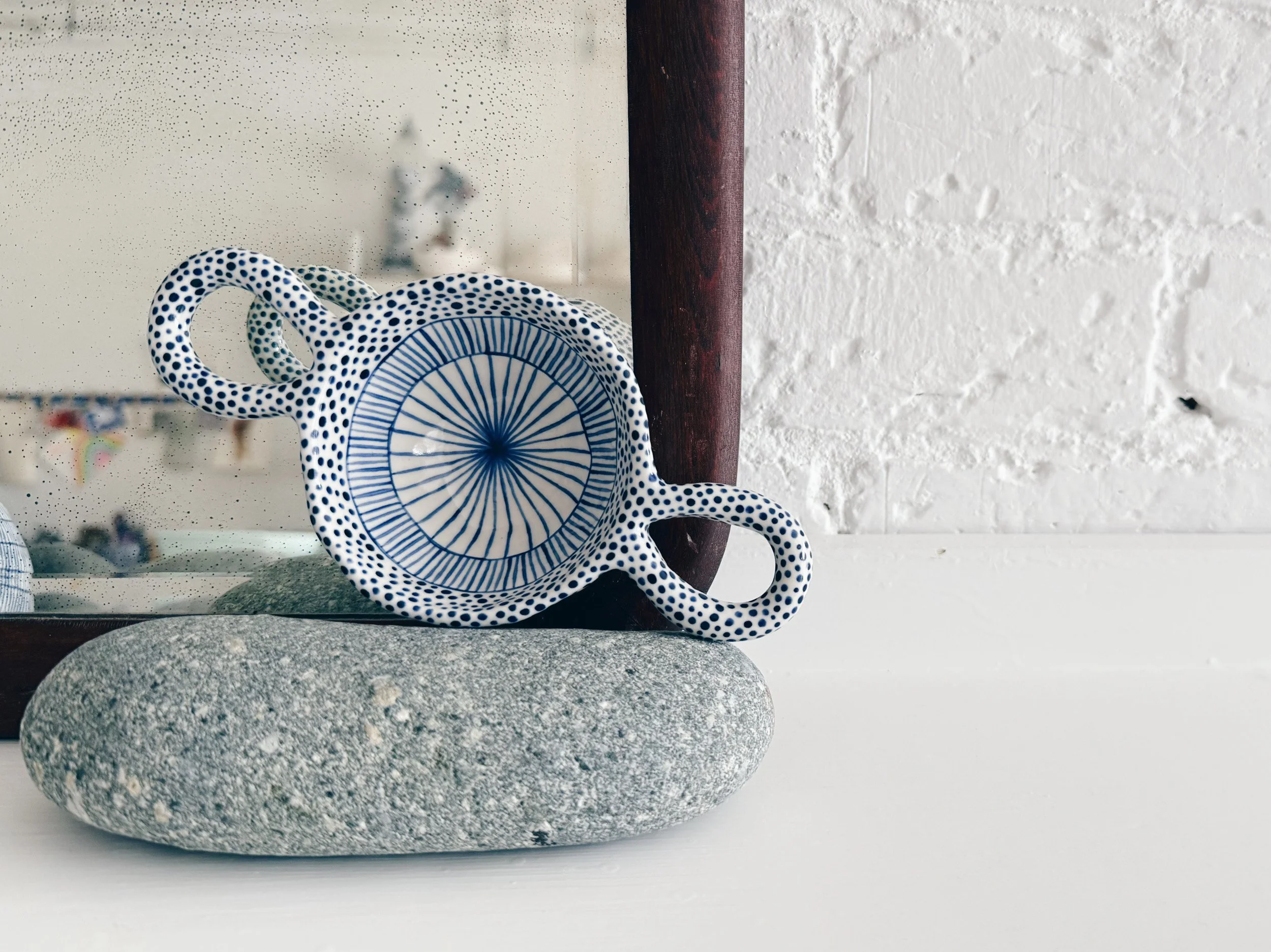 Blue and white, handmade ceramic bowl.
