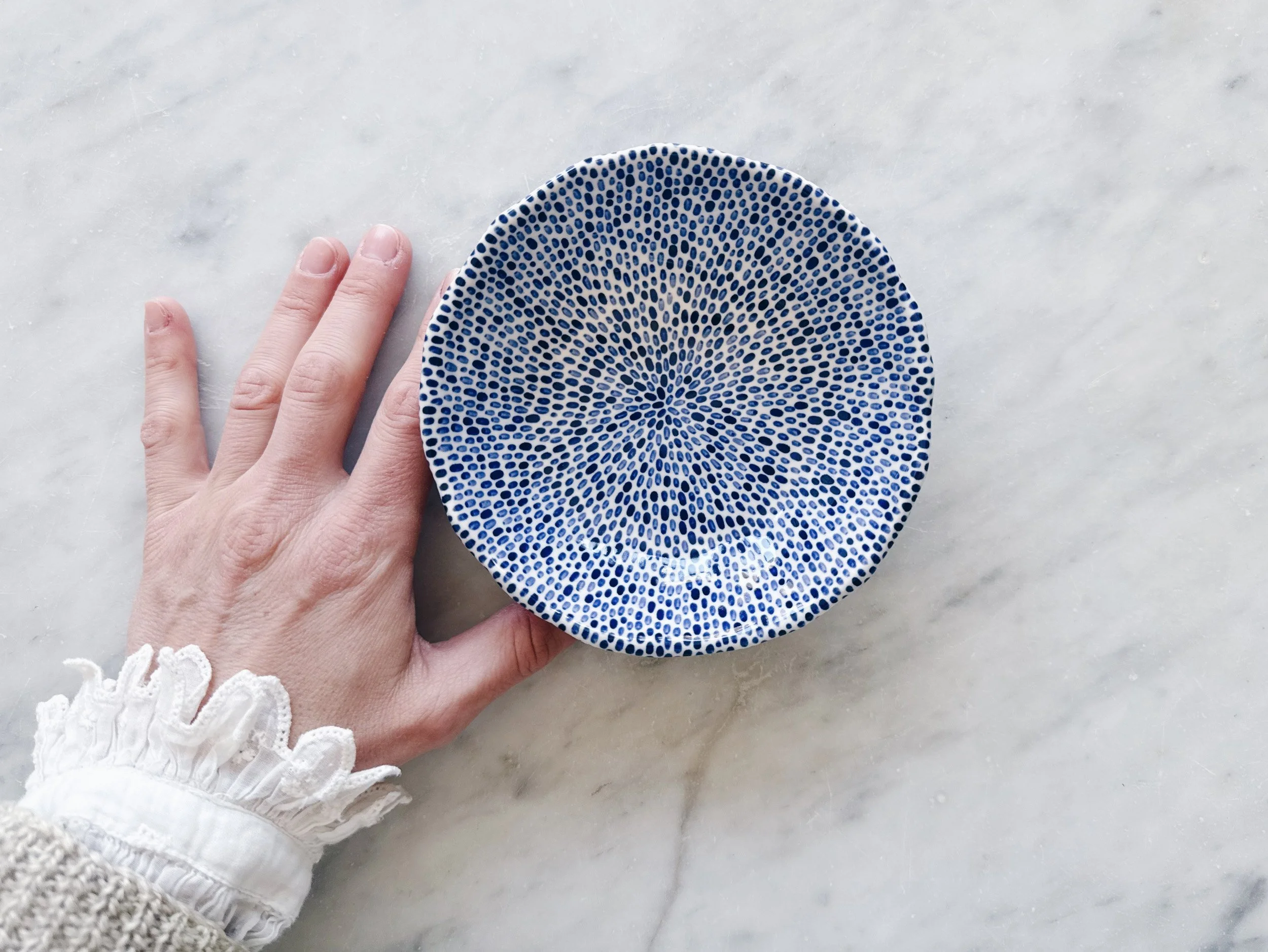 Blue and white, handmade ceramic bowl.
