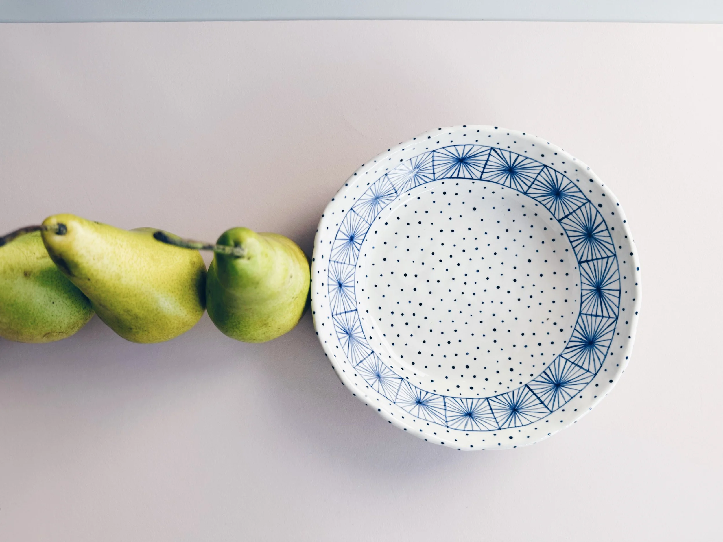 Blue and white, handmade ceramic bowl.