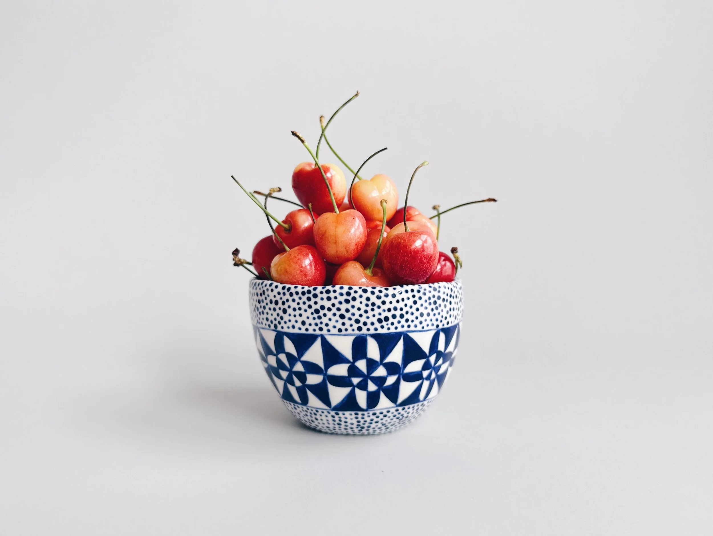 Blue and white, handmade ceramic bowl.