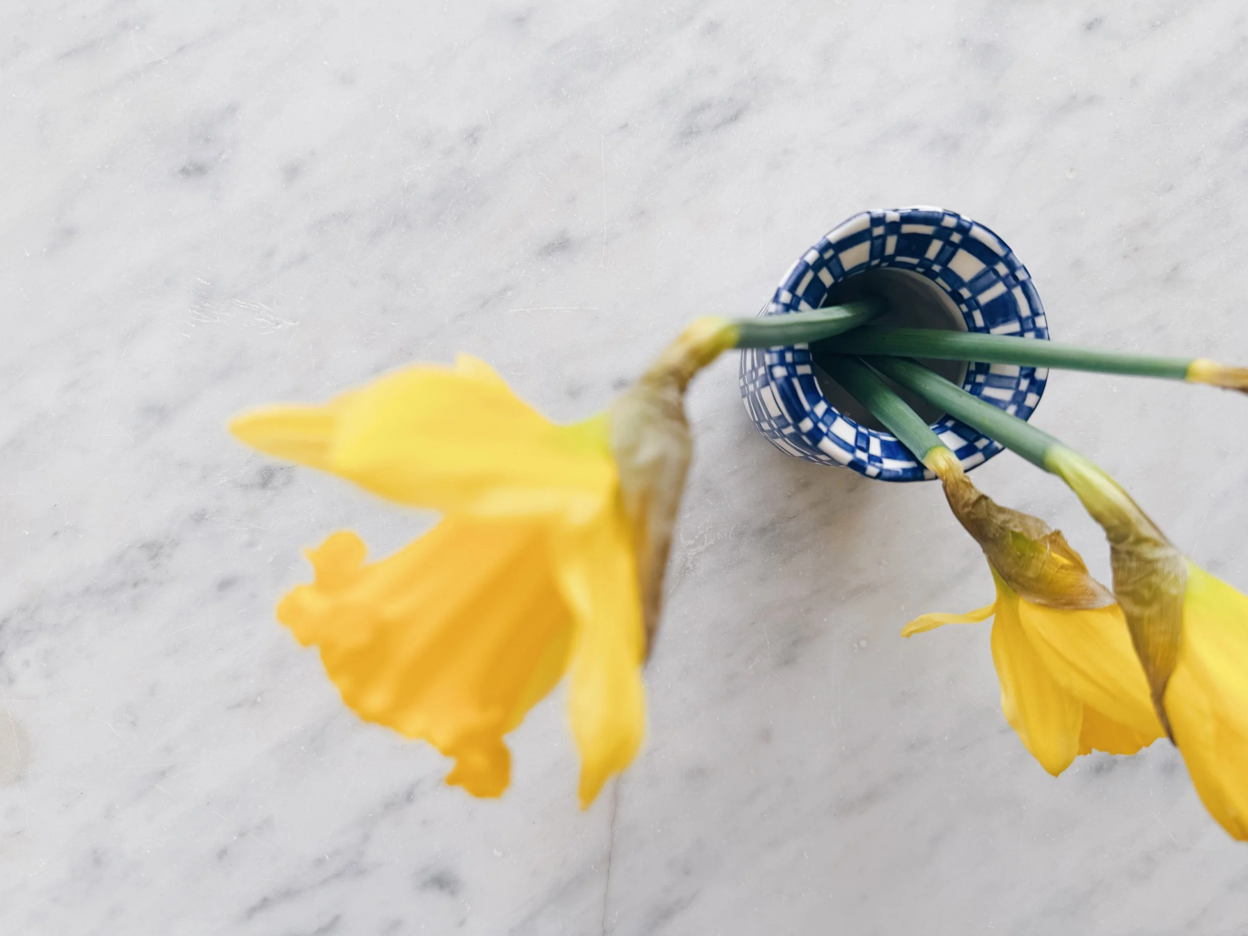Blue and white, handmade ceramic vase.