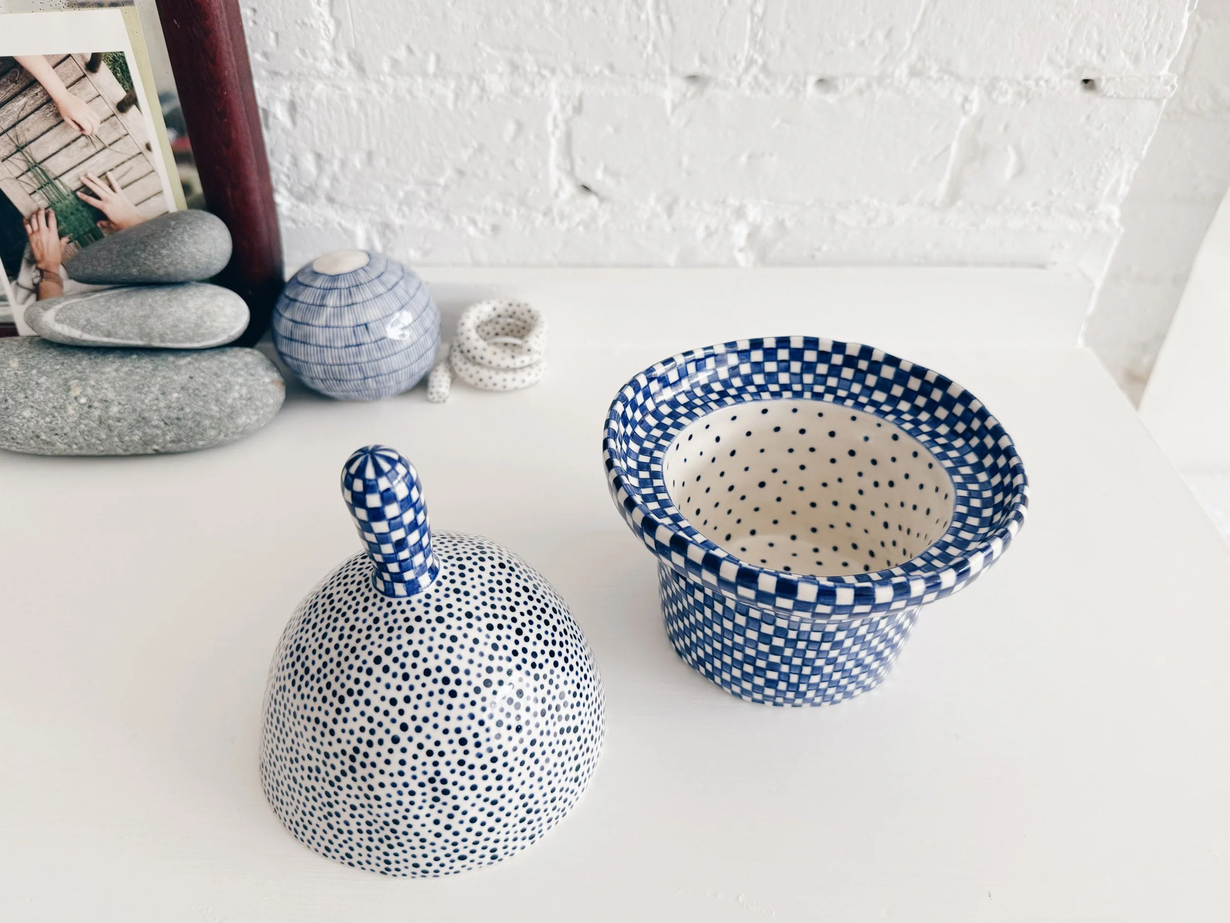 Blue and white, handmade ceramic jar.