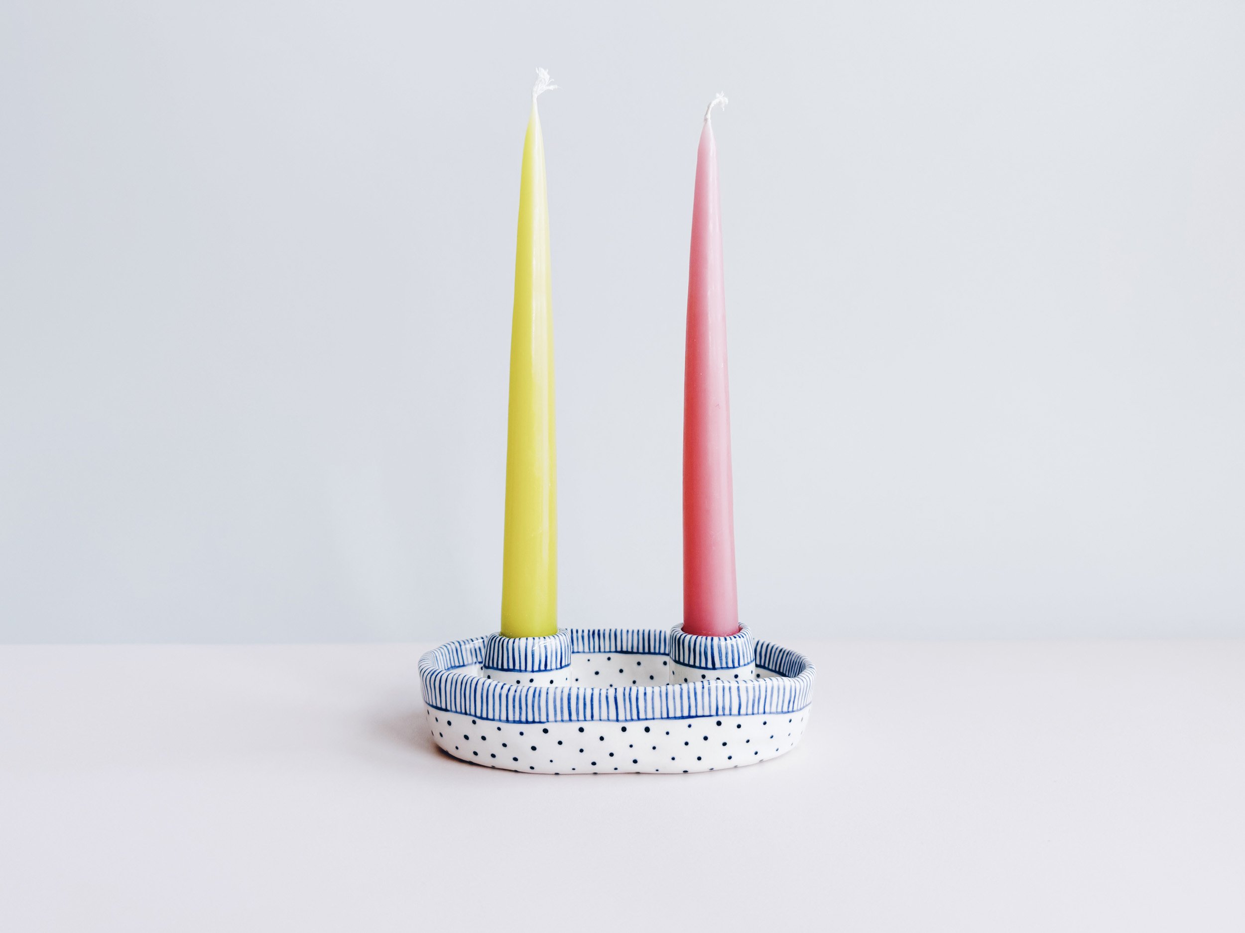 Blue and white, handmade ceramic candleholder.