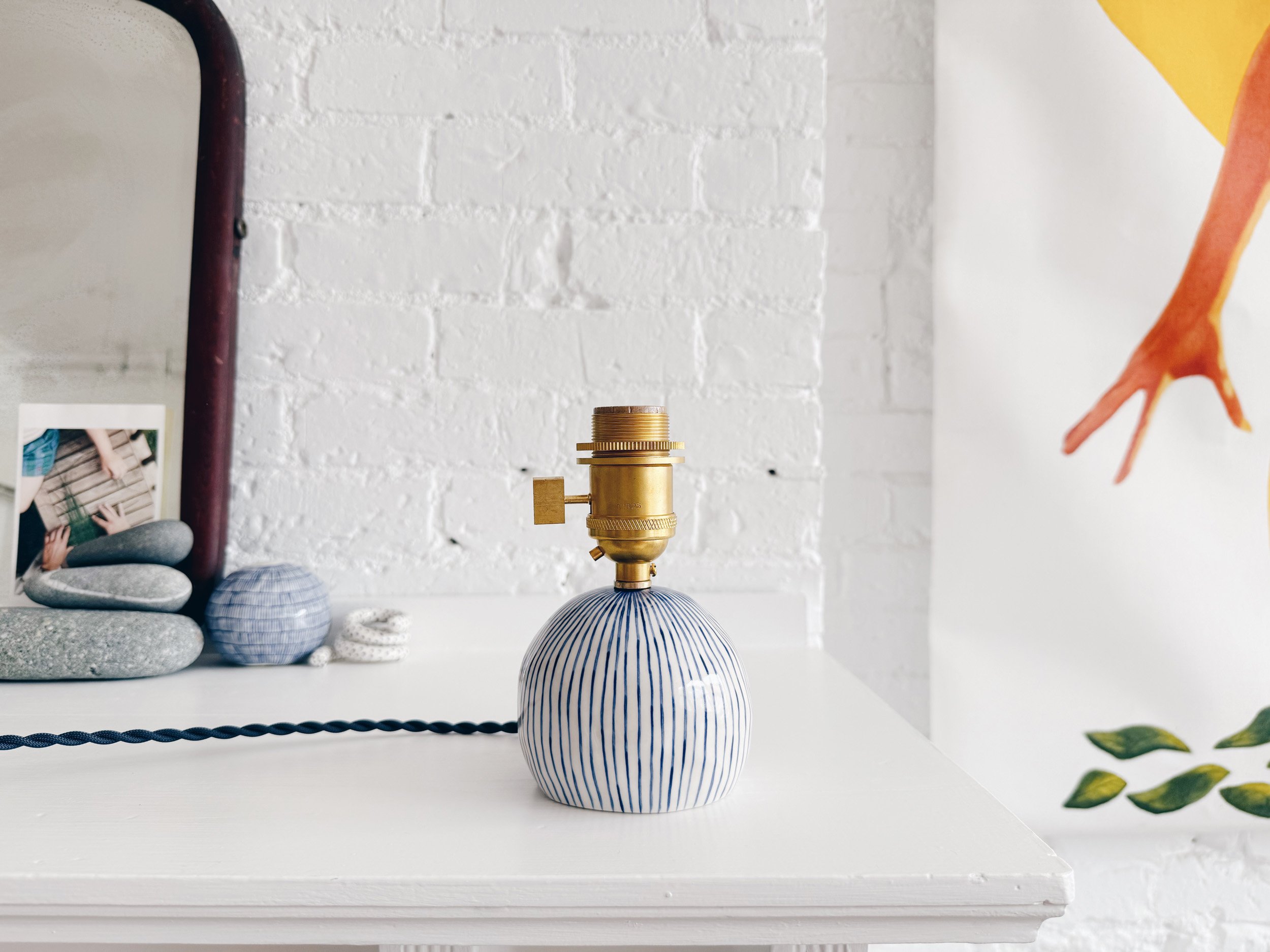 Blue and white, handmade ceramic lamp.