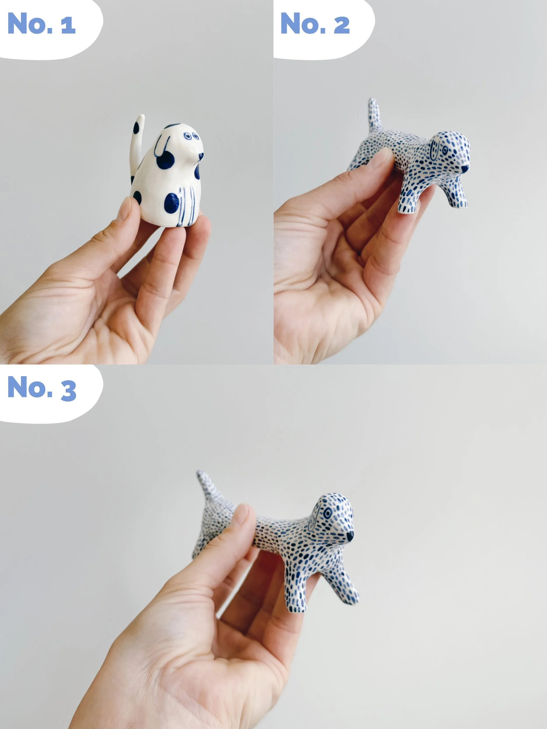 Blue and white, handmade ceramic dog.