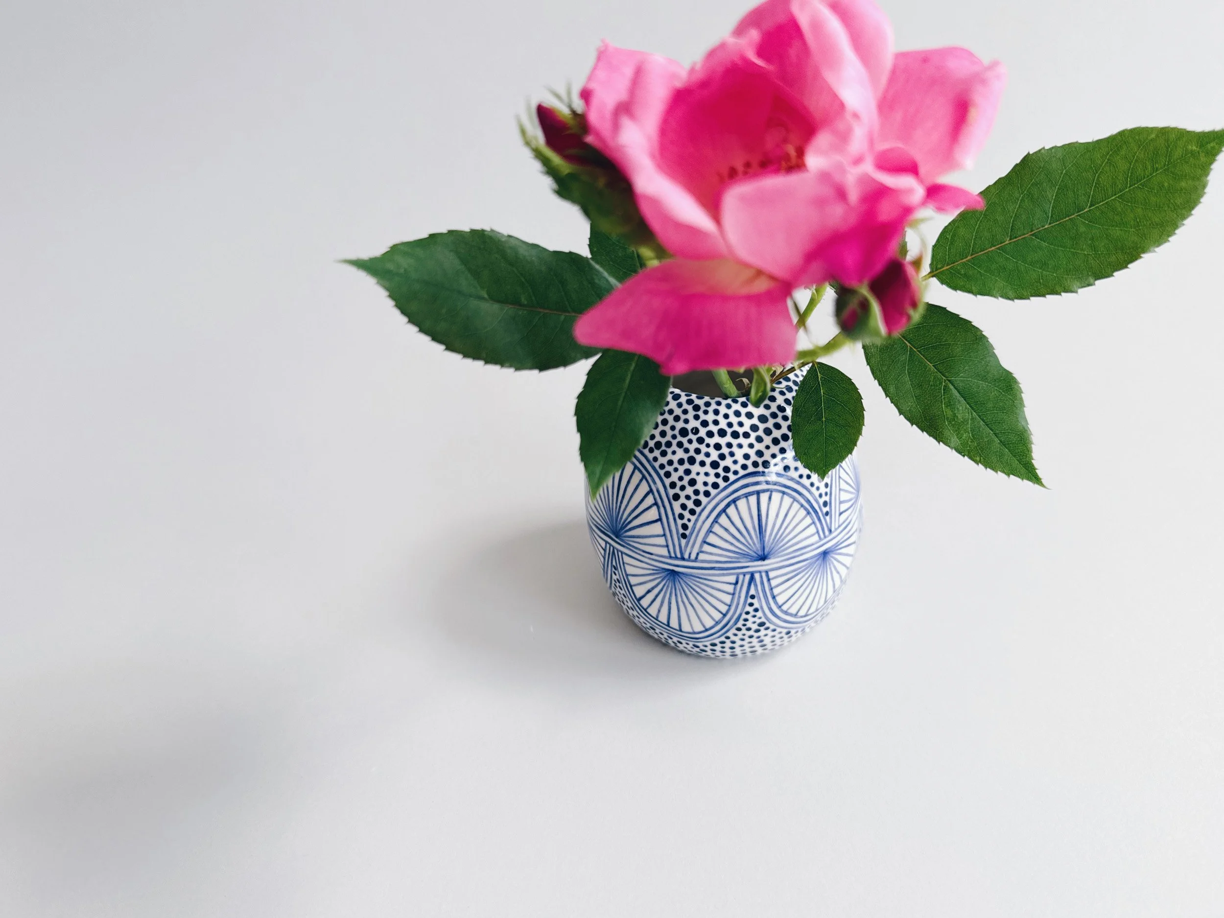 Blue and white, handmade ceramic vase.